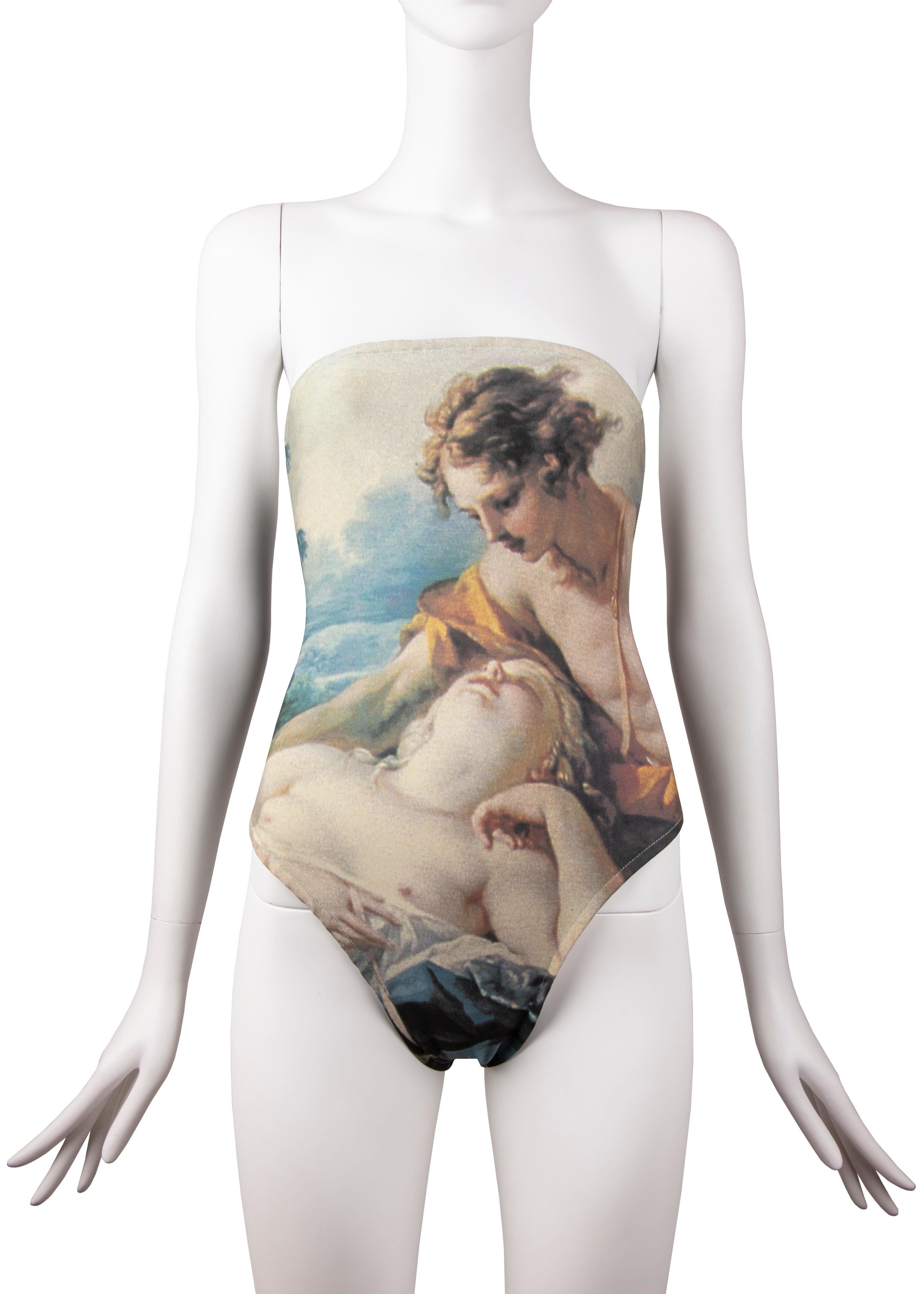 A Vivienne Westwood “Cut, Slash and Pull” leotard, Spring-Summer 1991, Look 22. This piece features the painting “Daphnis and Chloe” by Francois Boucher (c. 1743) across the entire garment. This iconic painting has become synonymous with Vivienne