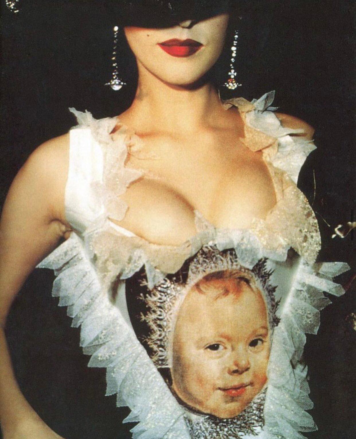  Iconic Frans Hals baby print corset from Vivienne Westwood's FW 1992 collection.

Size UK 14 - however size runs small. As photographed on a size UK 10 mannequin. 

Material: Viscose

Condition: Good. Some slight discoloration at the top of the