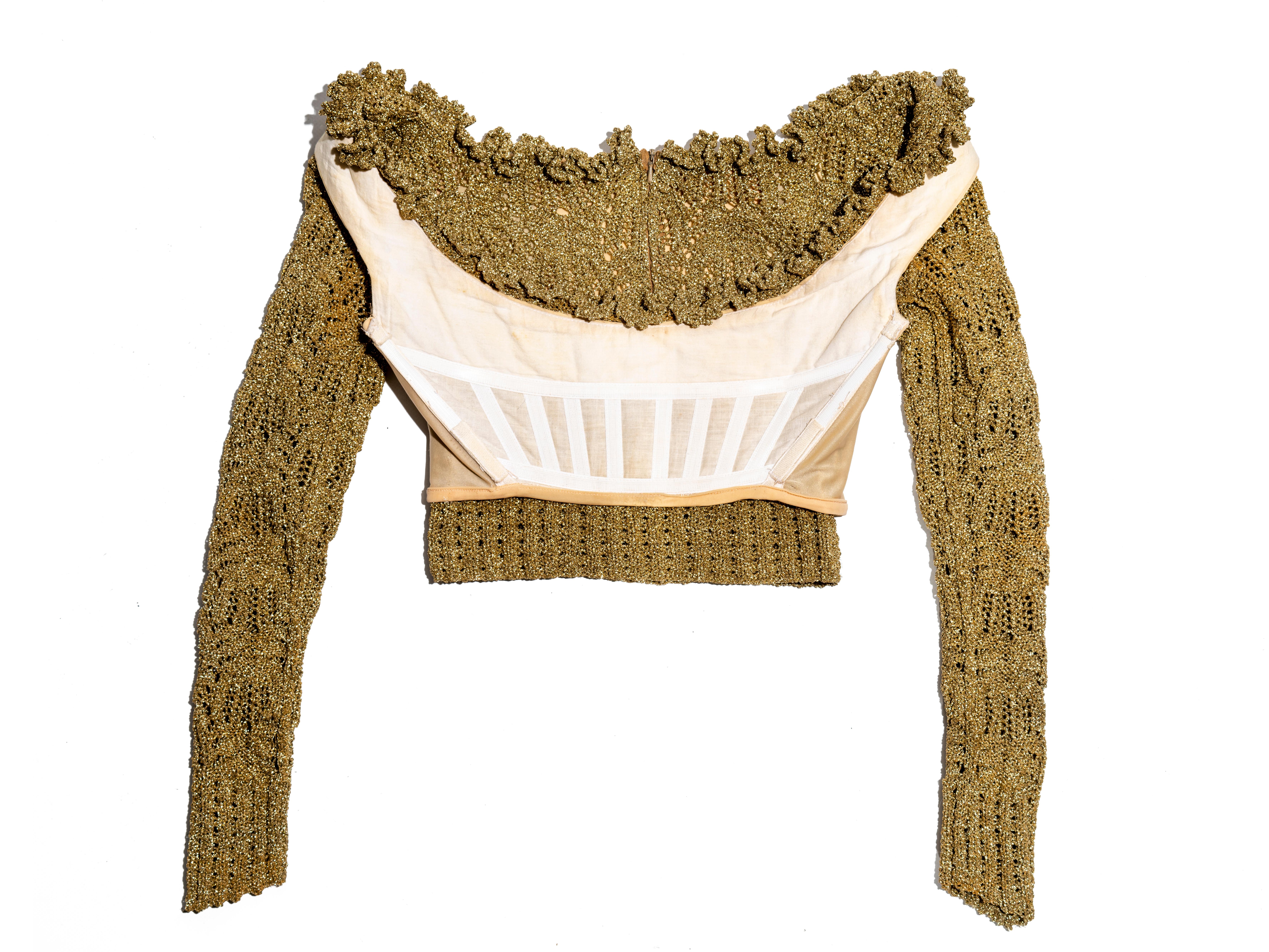 Brown Vivienne Westwood gold crochet lurex long-sleeve cropped corset, fw 1993 For Sale