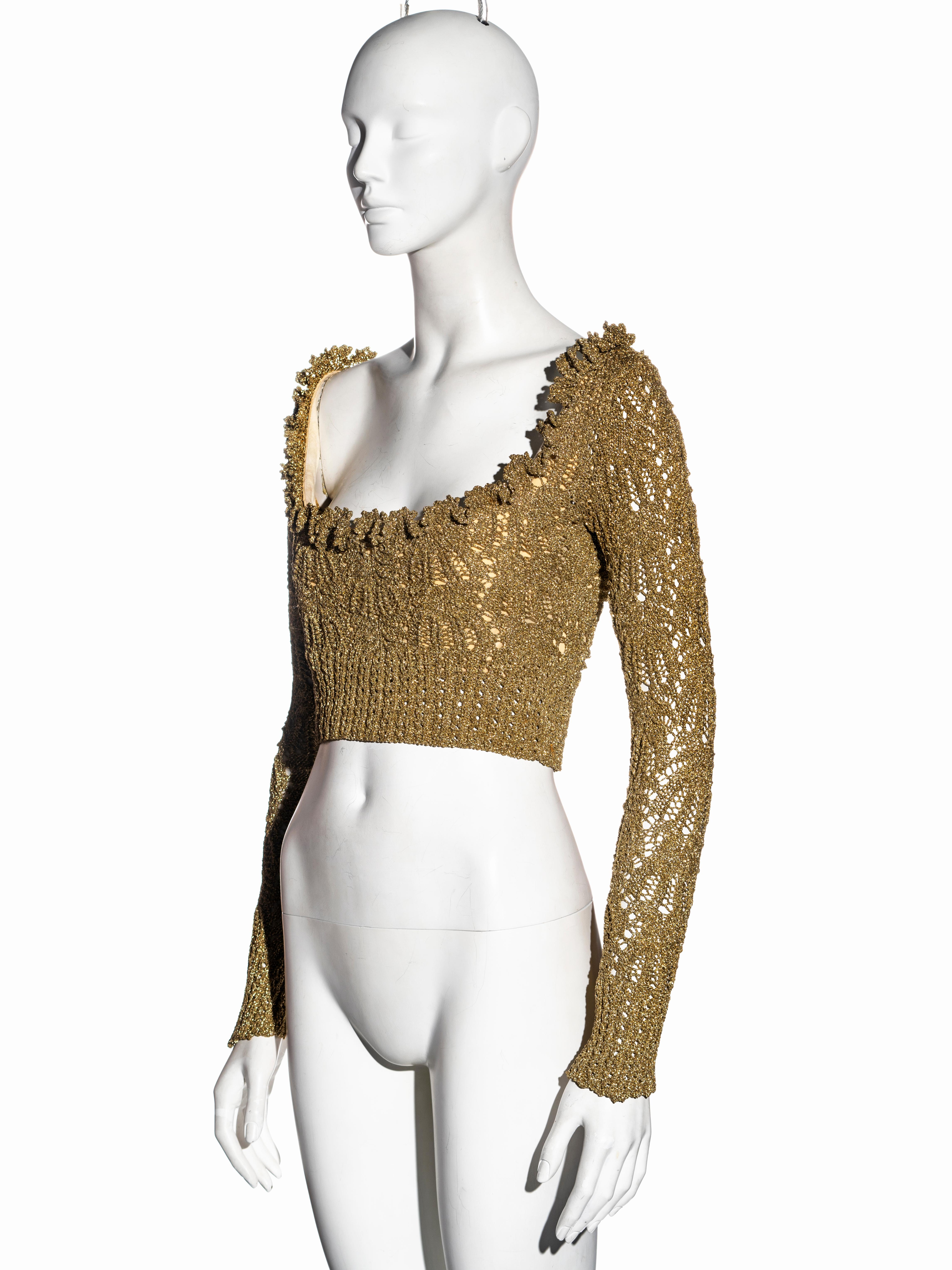Vivienne Westwood gold crochet lurex long-sleeve cropped corset, fw 1993 In Good Condition For Sale In London, GB