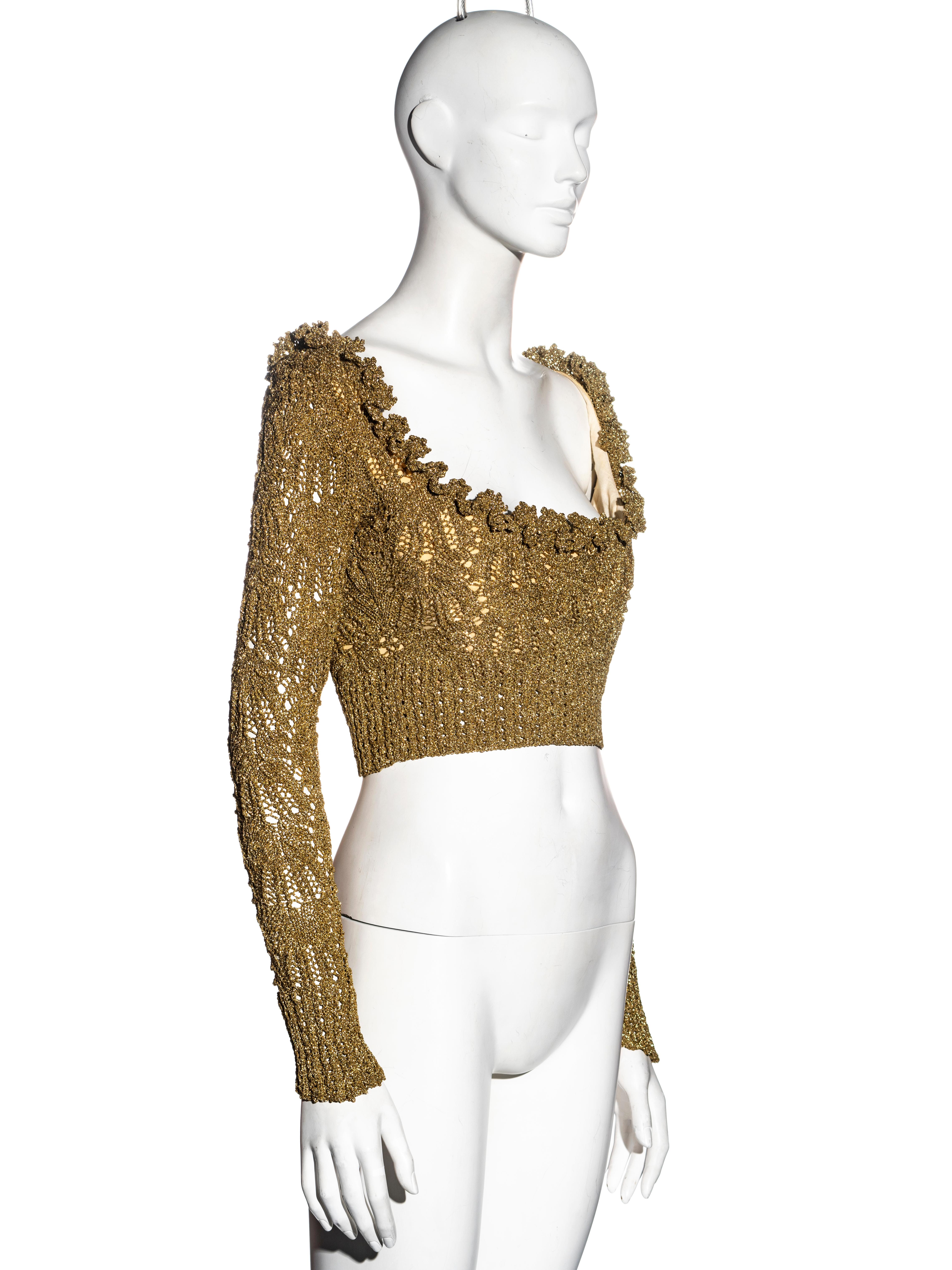 Women's Vivienne Westwood gold crochet lurex long-sleeve cropped corset, fw 1993 For Sale