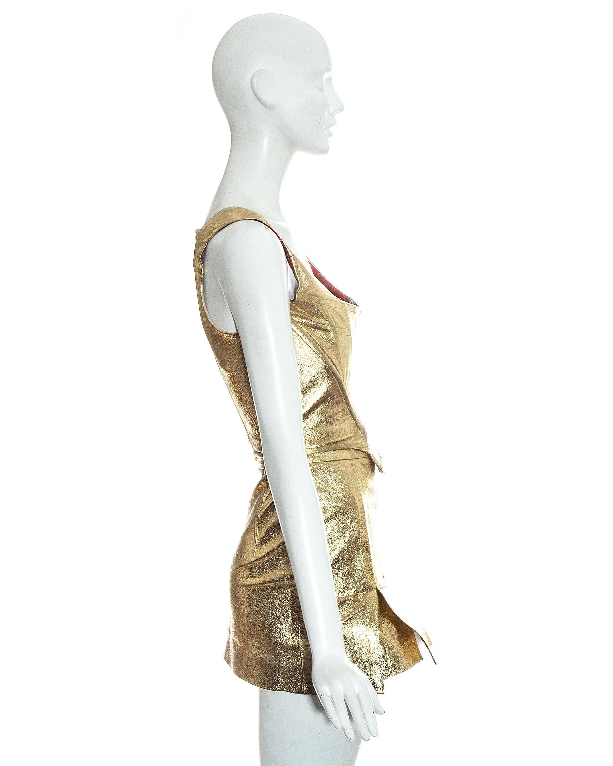 Women's Vivienne Westwood gold leather corset and mini skirt, 'Time Machine' ss 1988 For Sale