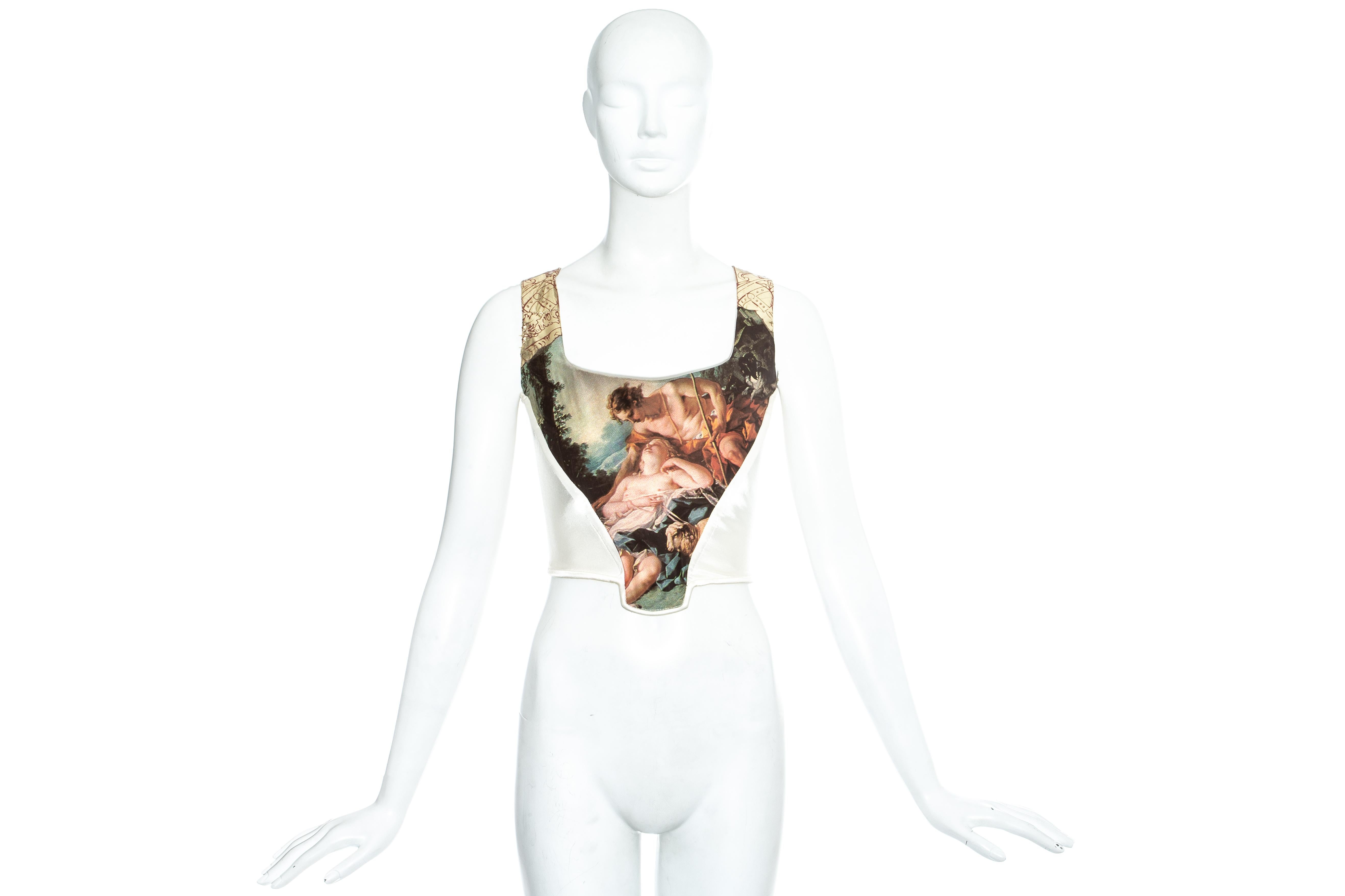 Vivienne Westwood; iconic corset in white lycra. Features the 'Shepherd Watching a Sleeping Shepherdess’ print, reproduced from the 1743 Rococo painting by Francois Boucher. Internal boning designed to cinch the waist and push the breasts up.