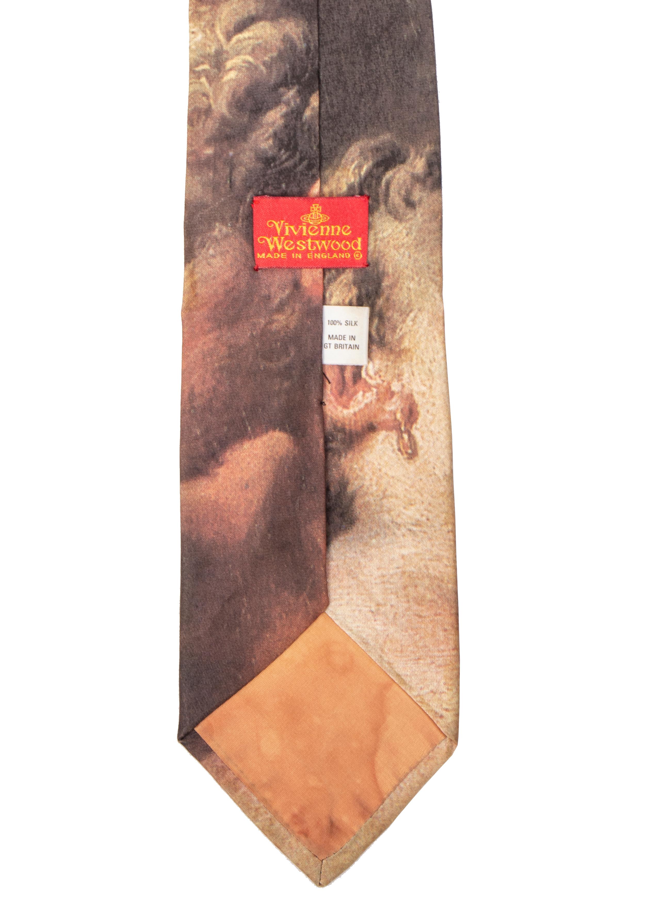 A Vivienne Westwood “Grand Hotel” tie, Spring-Summer 1993. Similar to her portrait printed garments debuted in Autumn-Winter 1990, the painting ‘Hercules and Omphale’ by Francois Boucher (c. 1732-1734) is featured across the entirety of the garment. 
