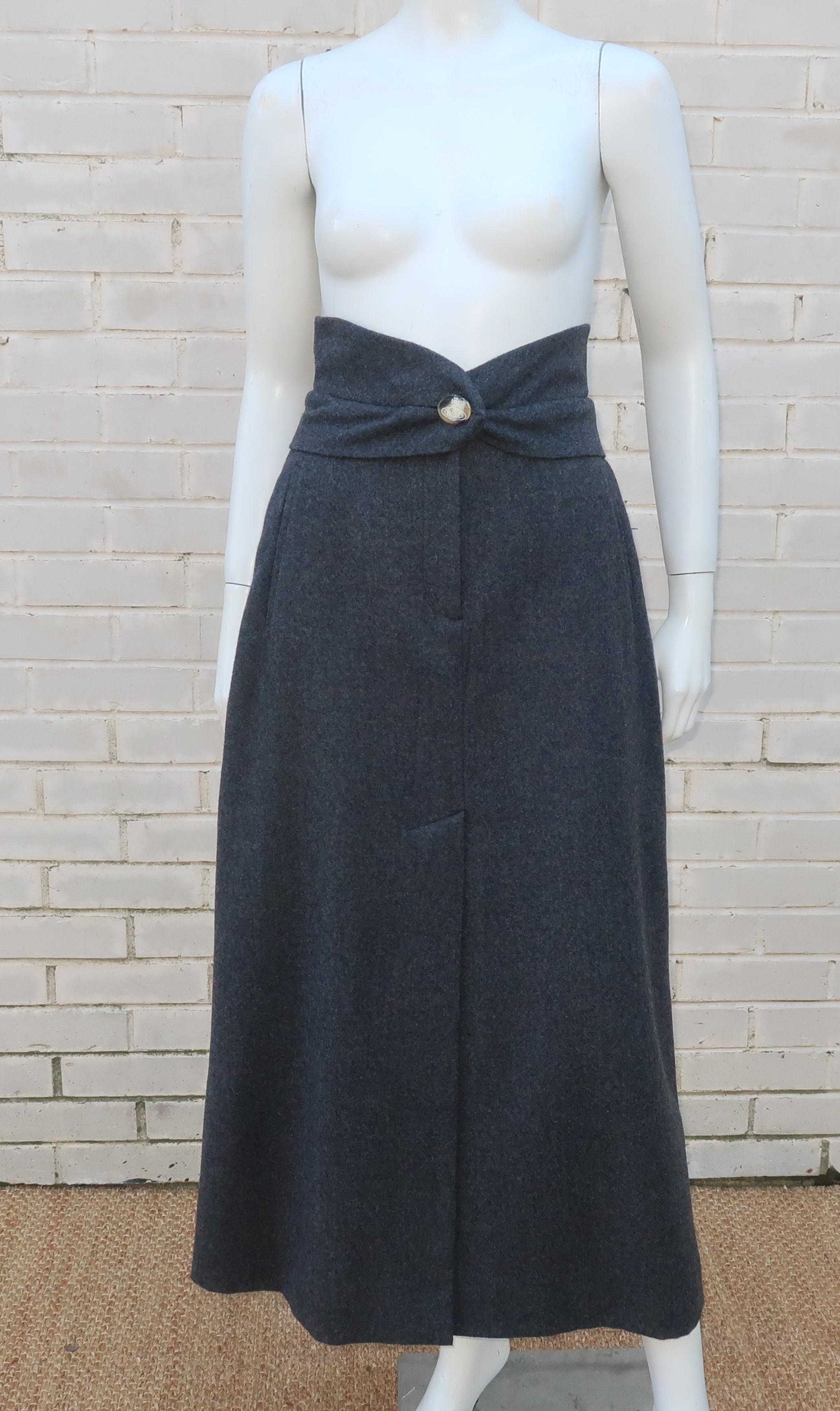 Vivienne Westwood 'Red Label' gray wool maxi skirt with a high waist emphasized by a built-in cummerbund and logo engraved horn button (extra button included).  The skirt zips and buttons at the front with side pockets and a generous kick pleat that