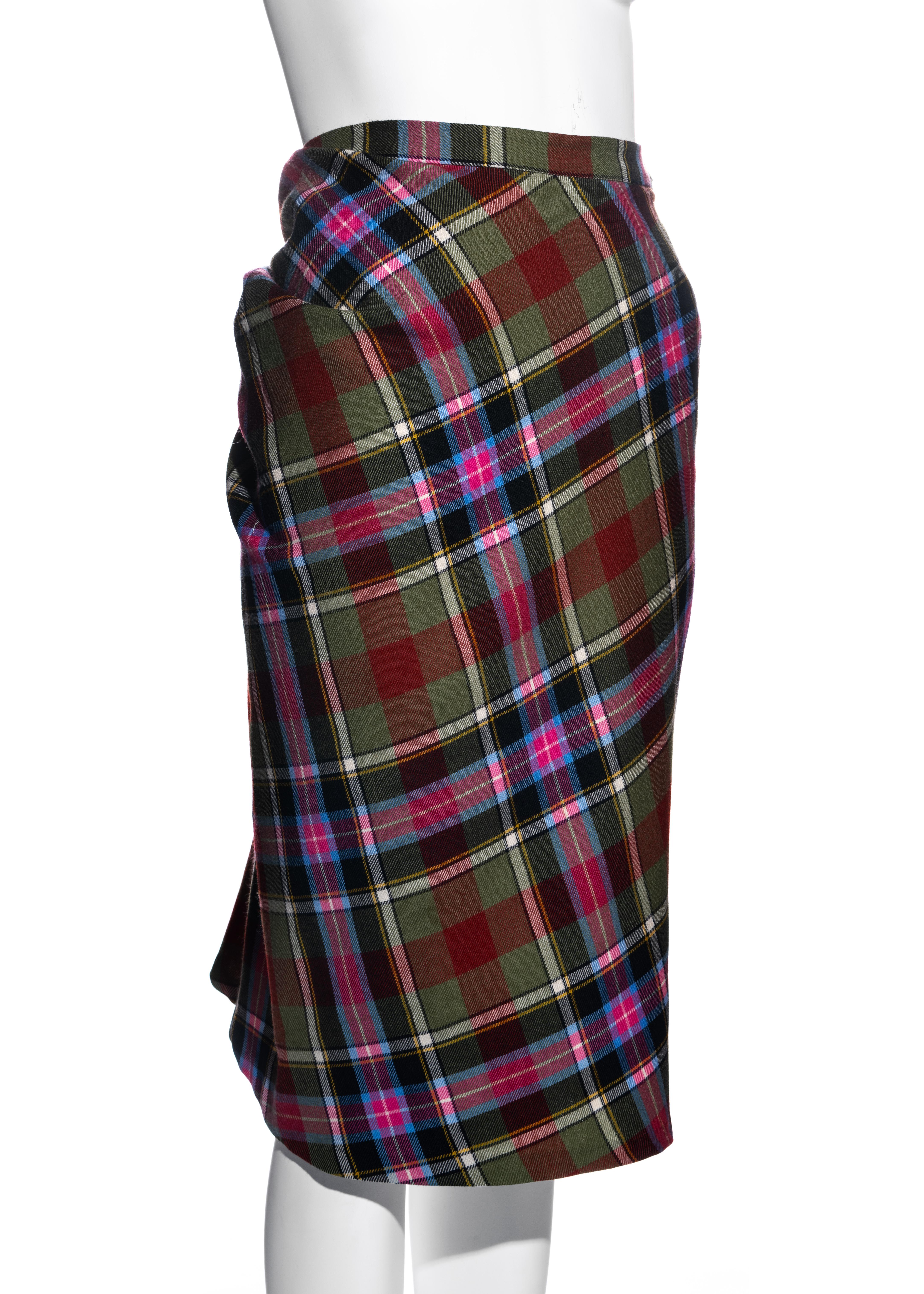 Black Vivienne Westwood green tartan bias cut bustled pencil skirt, fw 1993 For Sale