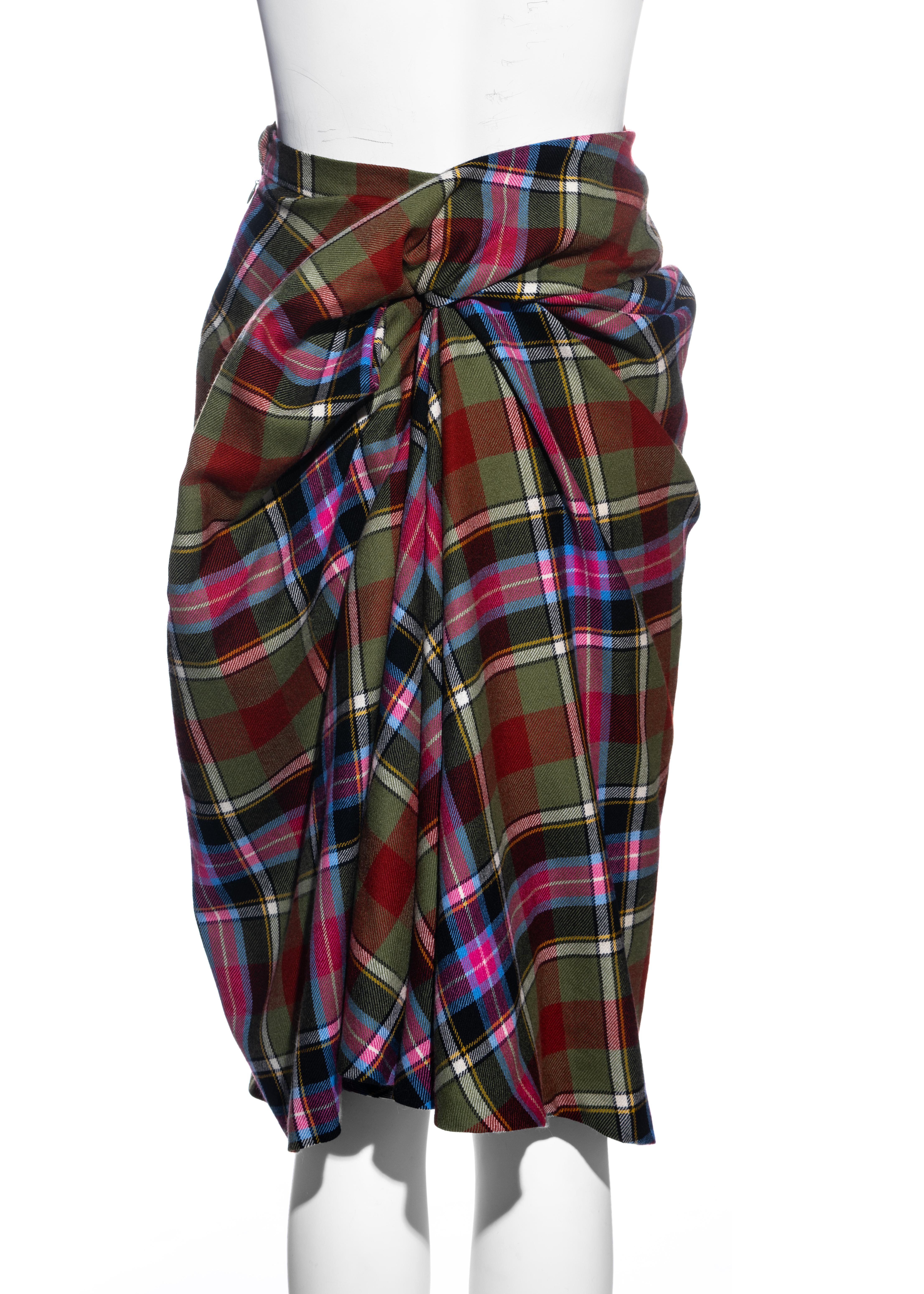 Women's Vivienne Westwood green tartan bias cut bustled pencil skirt, fw 1993 For Sale