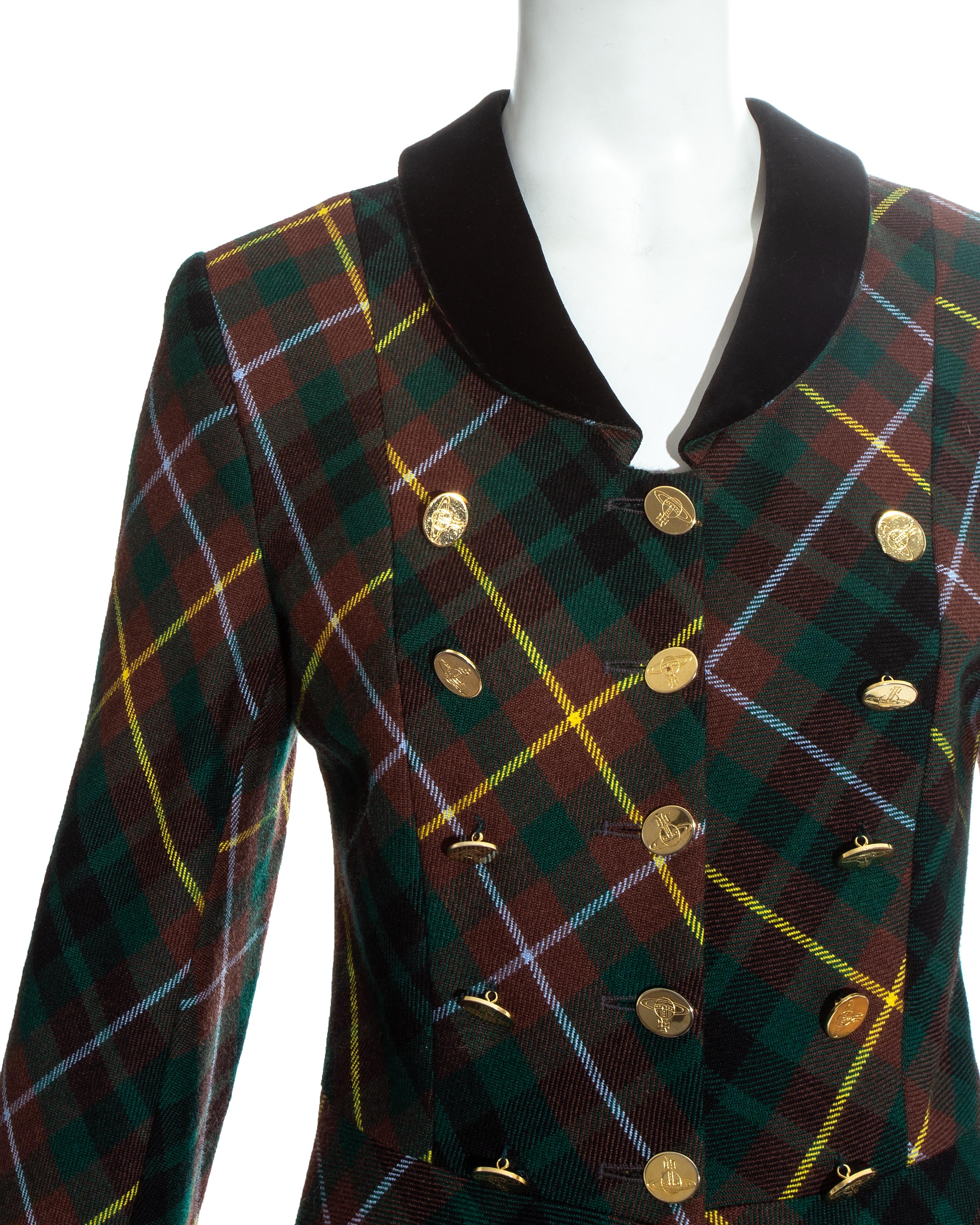 Black Vivienne Westwood green tartan wool fitted jacket with 15 gold buttons, fw 1988 For Sale