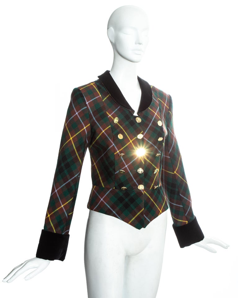 Vivienne Westwood green tartan wool fitted jacket with 15 gold buttons, fw 1988 In Excellent Condition For Sale In London, GB