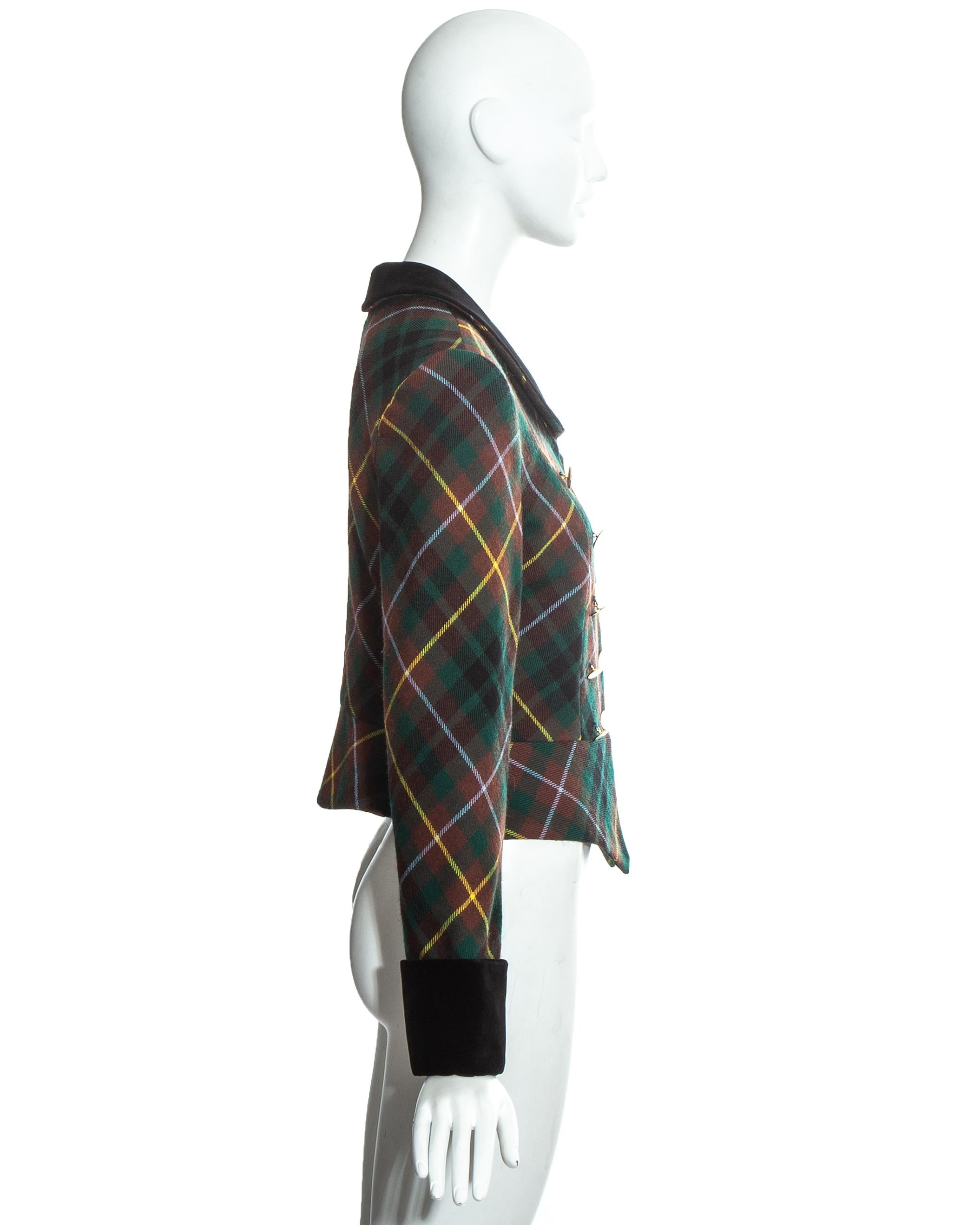 Women's Vivienne Westwood green tartan wool fitted jacket with 15 gold buttons, fw 1988 For Sale