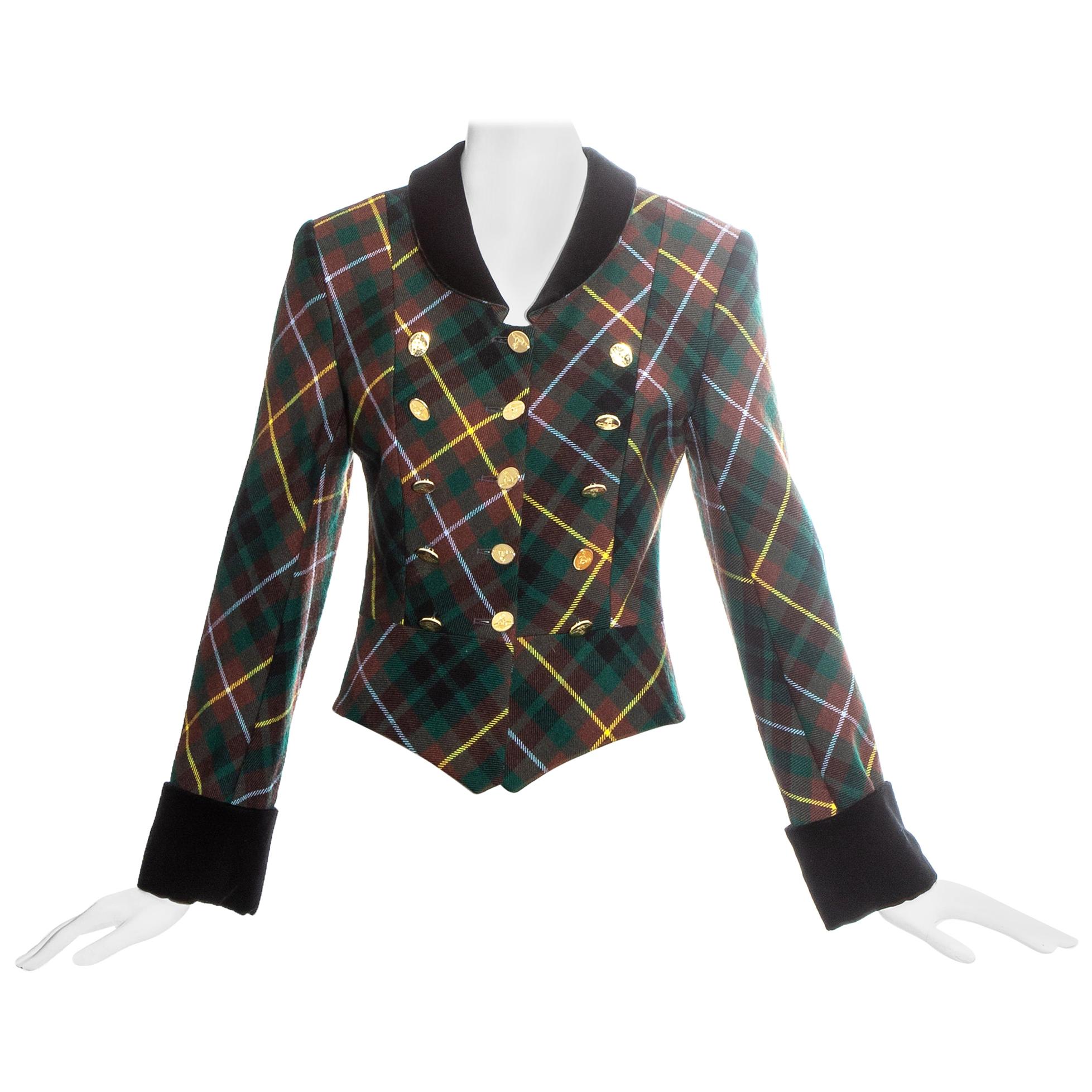 Vivienne Westwood green tartan wool fitted jacket with 15 gold buttons, fw 1988 For Sale