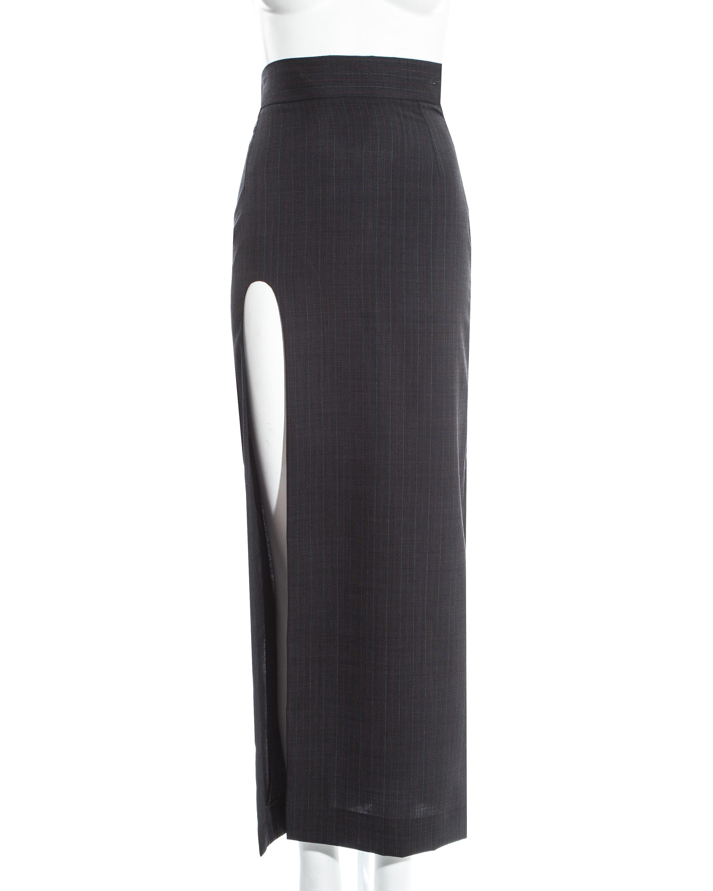 Vivienne Westwood grey pinstripe fitted skirt with high leg slit.

'Civilizade' Spring-Summer 1989