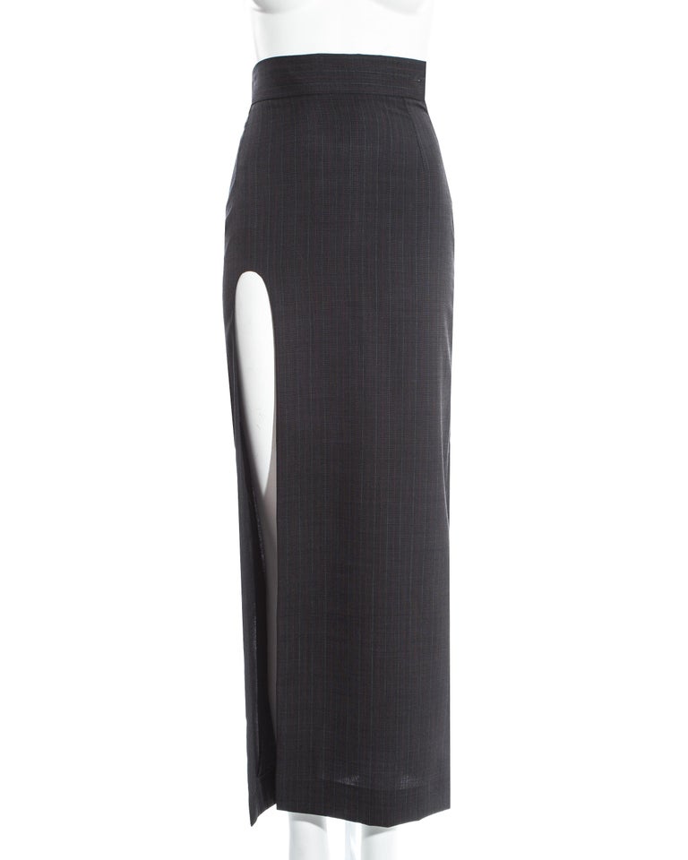 Vivienne Westwood grey pinstripe fitted skirt with high leg slit, ss ...