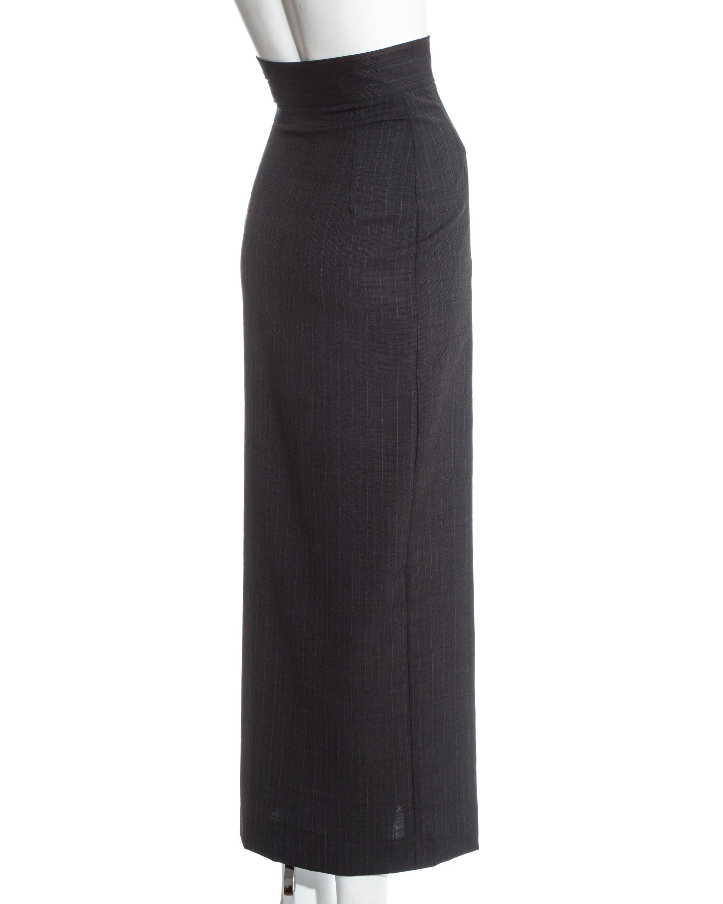 Black Vivienne Westwood grey pinstripe fitted skirt with high leg slit, ss 1989