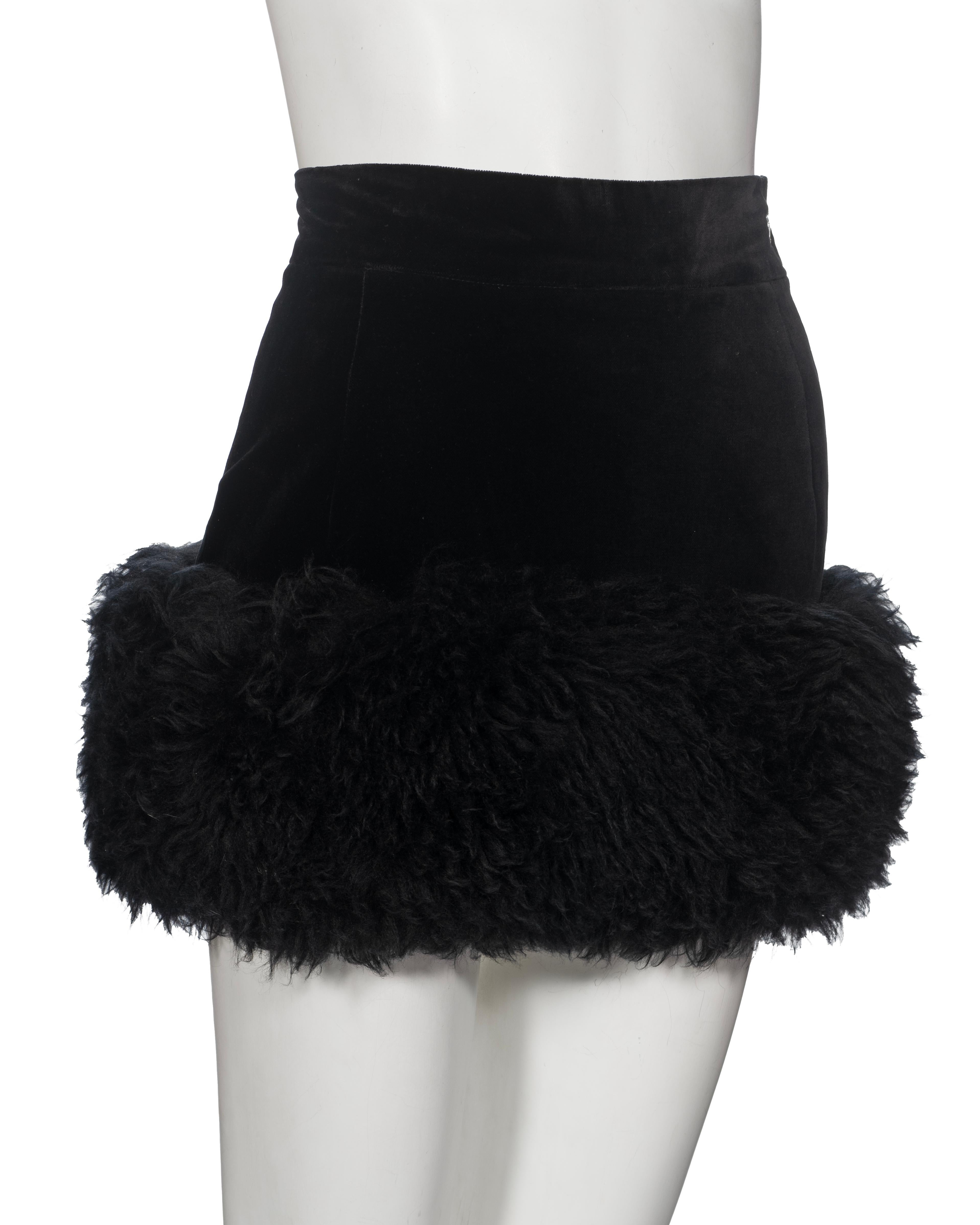 Women's Vivienne Westwood High-Waisted Velvet Mini Skirt with Sheepskin Hem, fw 1994 For Sale