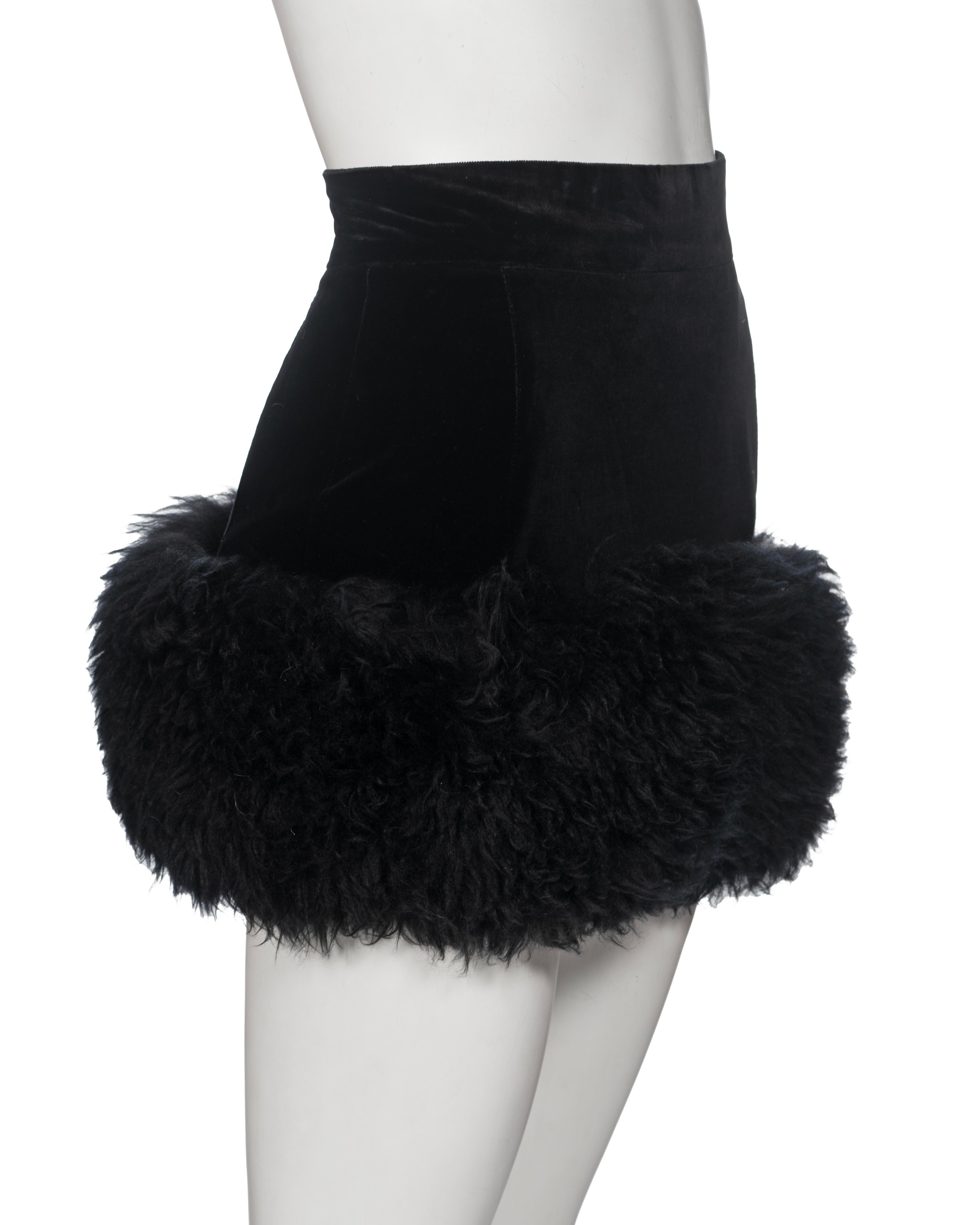 Vivienne Westwood High-Waisted Velvet Mini Skirt with Sheepskin Hem, fw 1994 For Sale 1