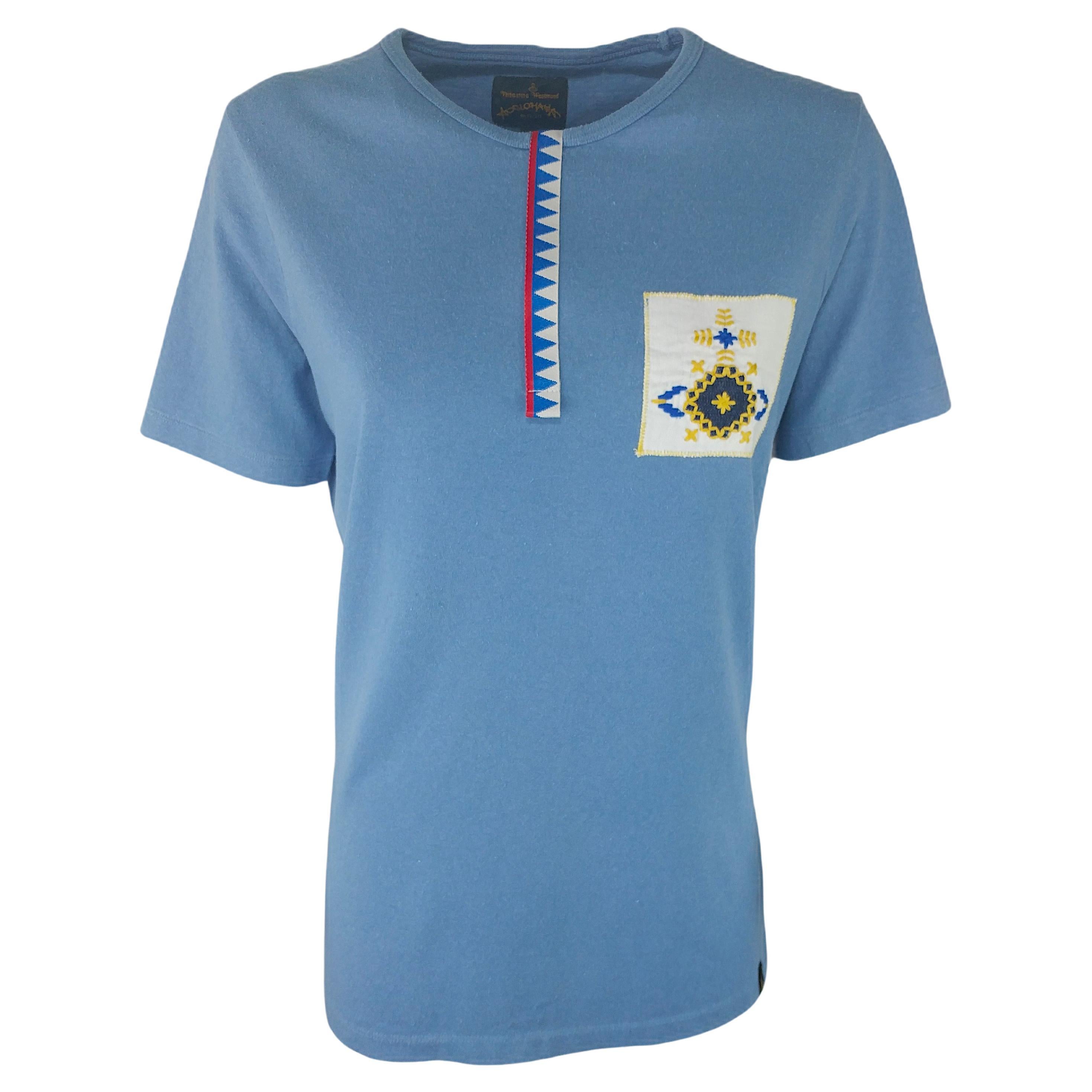 VIVIENNE WESTWOOD - Indigo Blue Cotton T-Shirt with Embroidered Monogram Size M