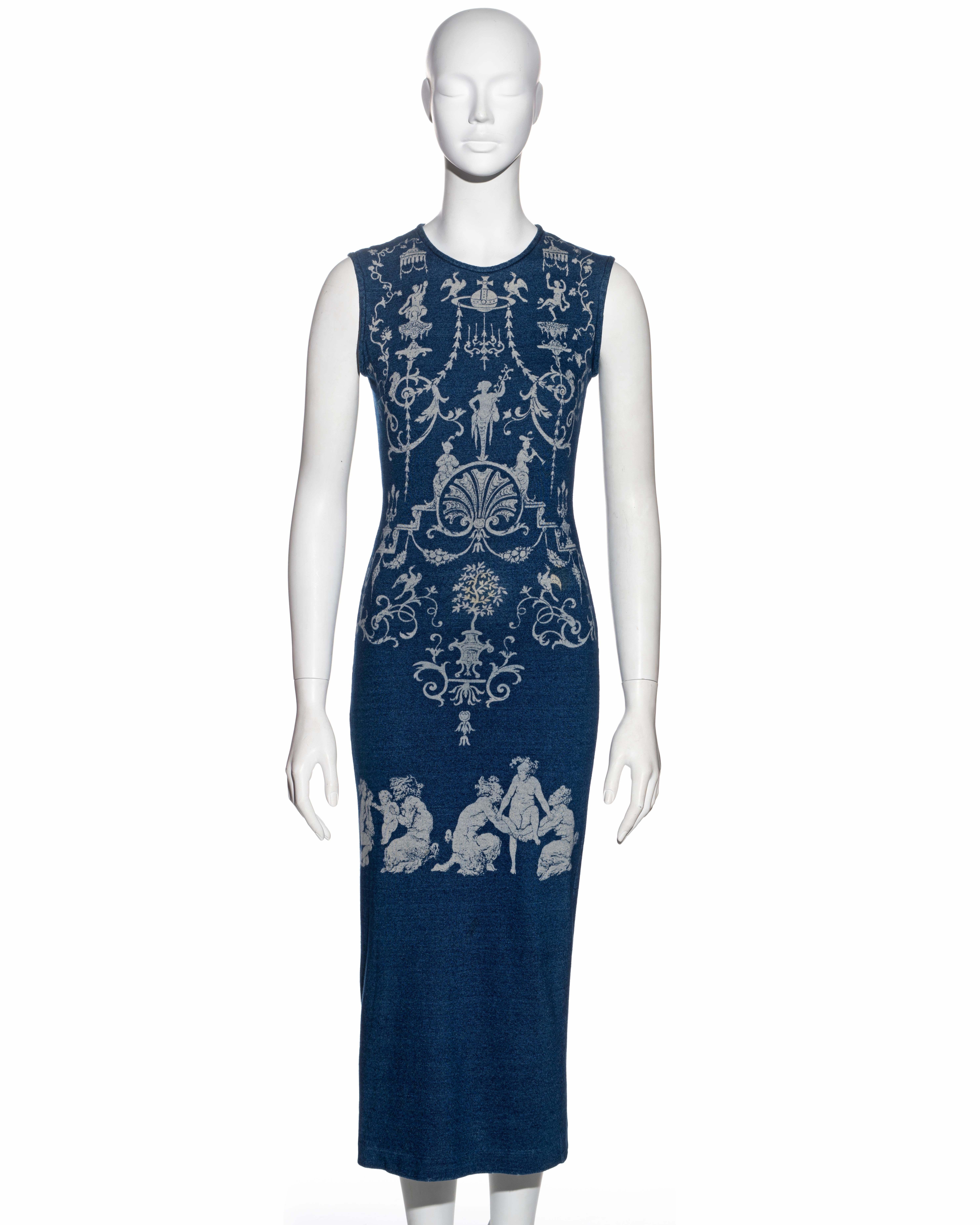 ▪ Vivienne Westwood dress 
▪ Sold by One of a Kind Archive
▪ Constructed from indigo cotton jersey 
▪ Neoclassical print inspired by Andre-Charles Boulle
▪ Bodycon fit 
▪ Size approx. Small - Medium
▪ Spring-Summer 1991
▪ Made in England

All