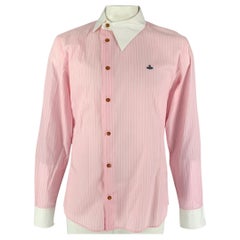 VIVIENNE WESTWOOD MAN Size L Pink White Stripe Cotton Asymmetrical Collar Shirt