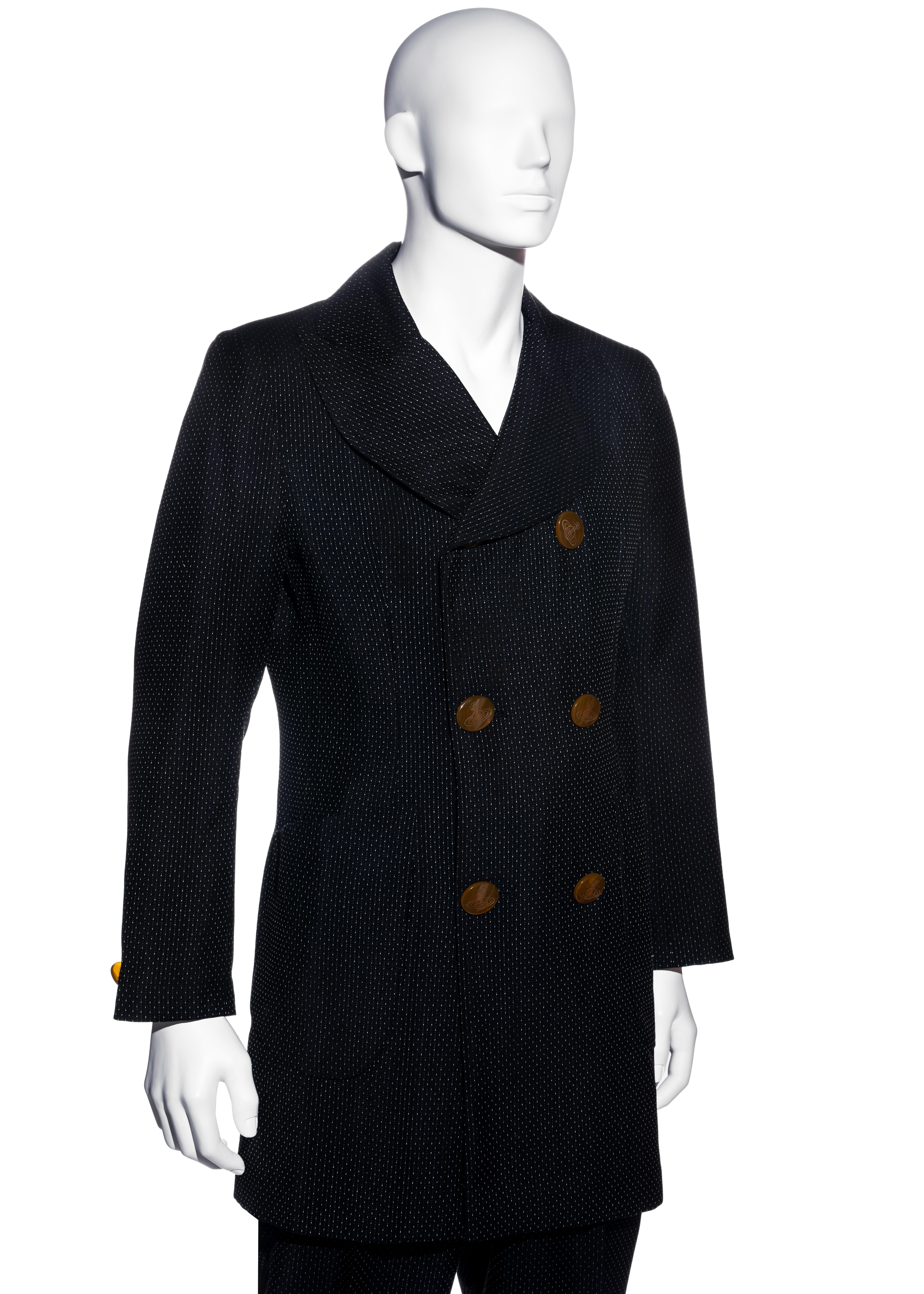 Black Vivienne Westwood Men's black striped wool double breasted suit, fw 1996 For Sale