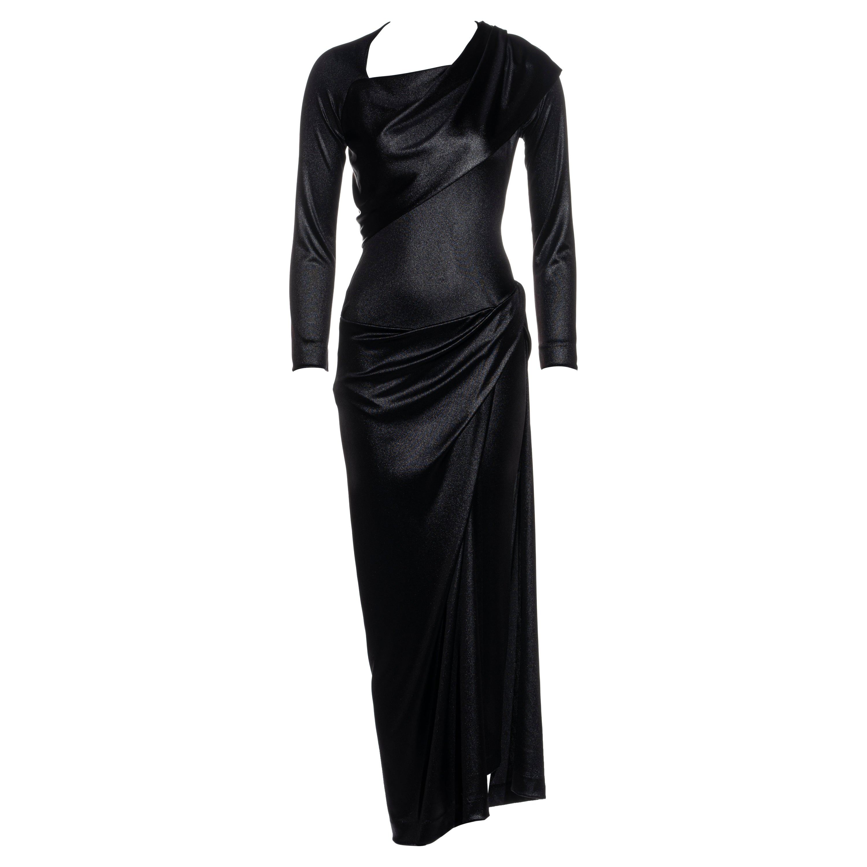 Vivienne Westwood vestido de noche drapeado de punto de nailon negro metalizado, fw 1997