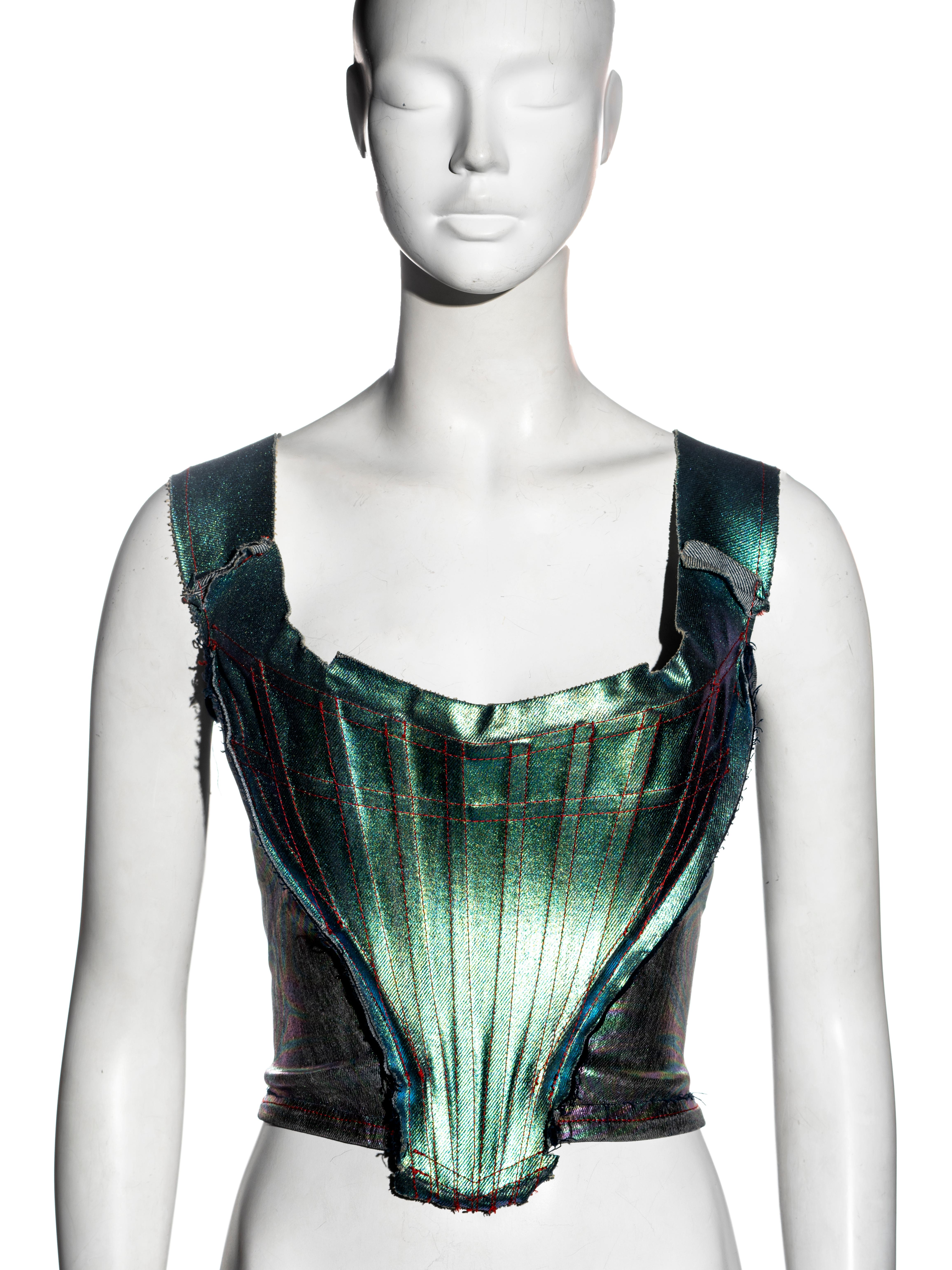 Vivienne Westwood metallic foiled denim corset, jacket and pants, ss 1993 For Sale 3