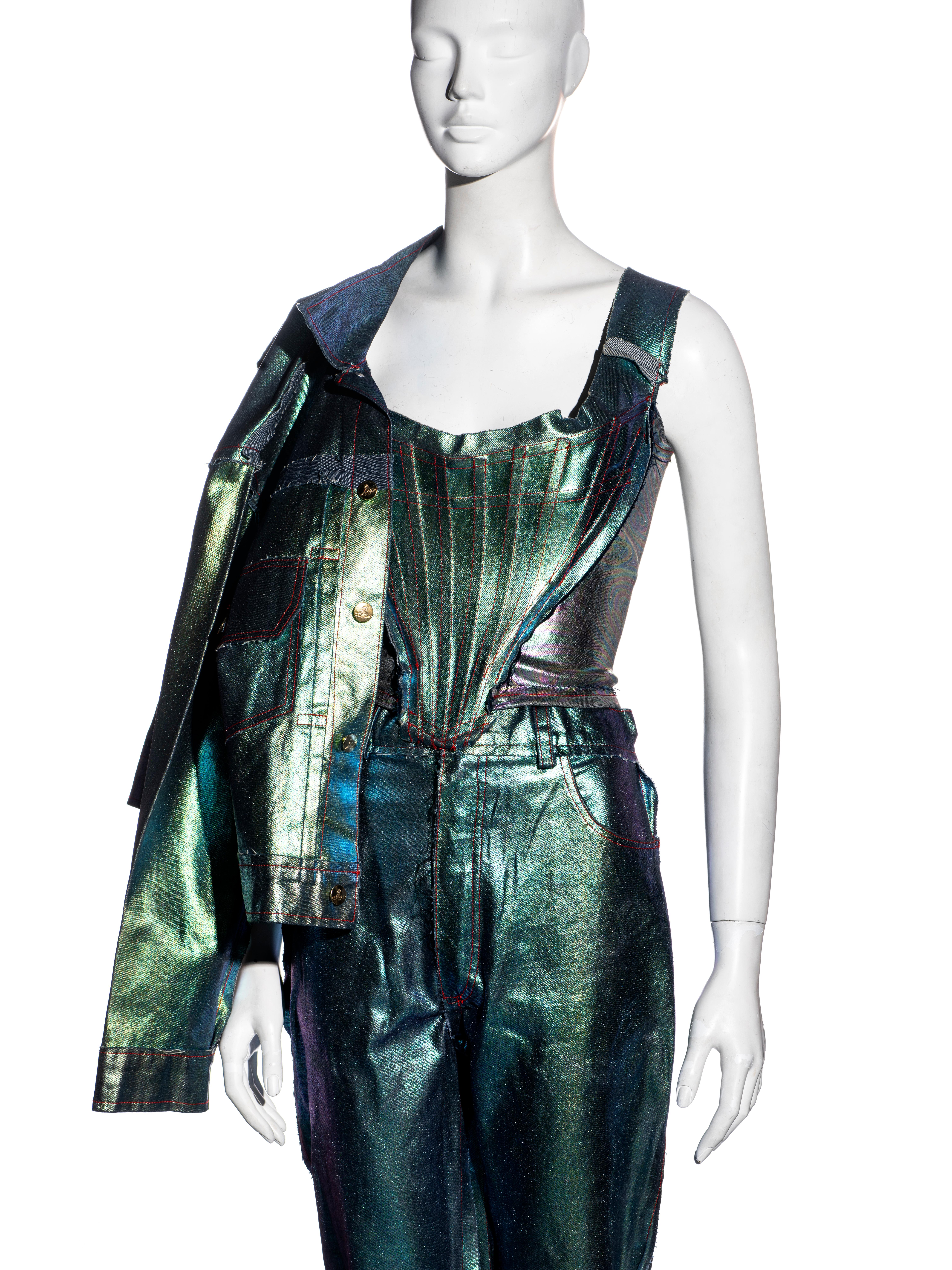 Black Vivienne Westwood metallic foiled denim corset, jacket and pants, ss 1993 For Sale