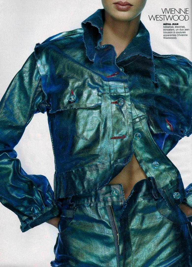 Vivienne Westwood metallic foiled denim corset, jacket and pants, ss 1993 In Excellent Condition For Sale In London, GB