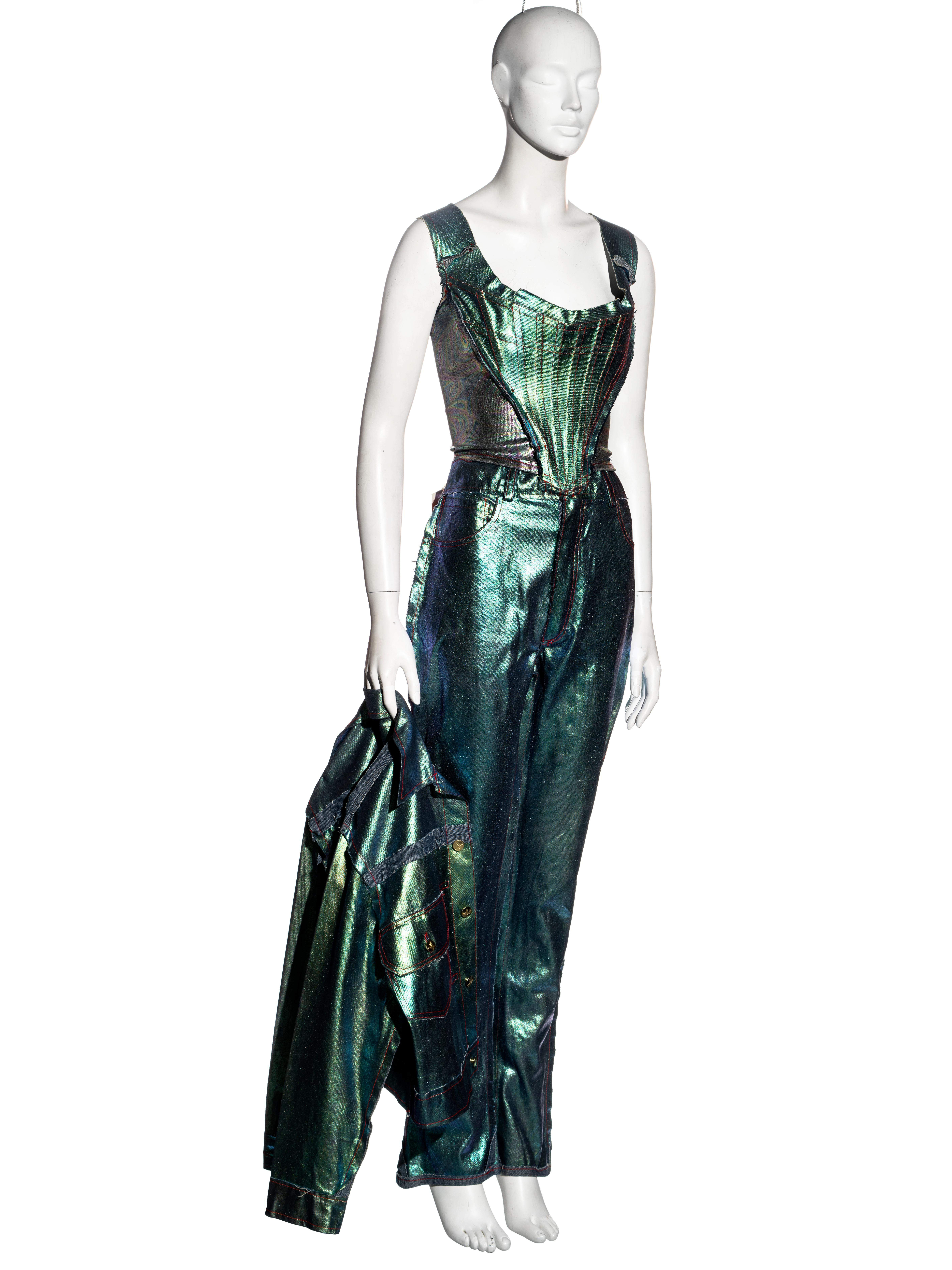 Vivienne Westwood metallic foiled denim corset, jacket and pants, ss 1993 For Sale 1