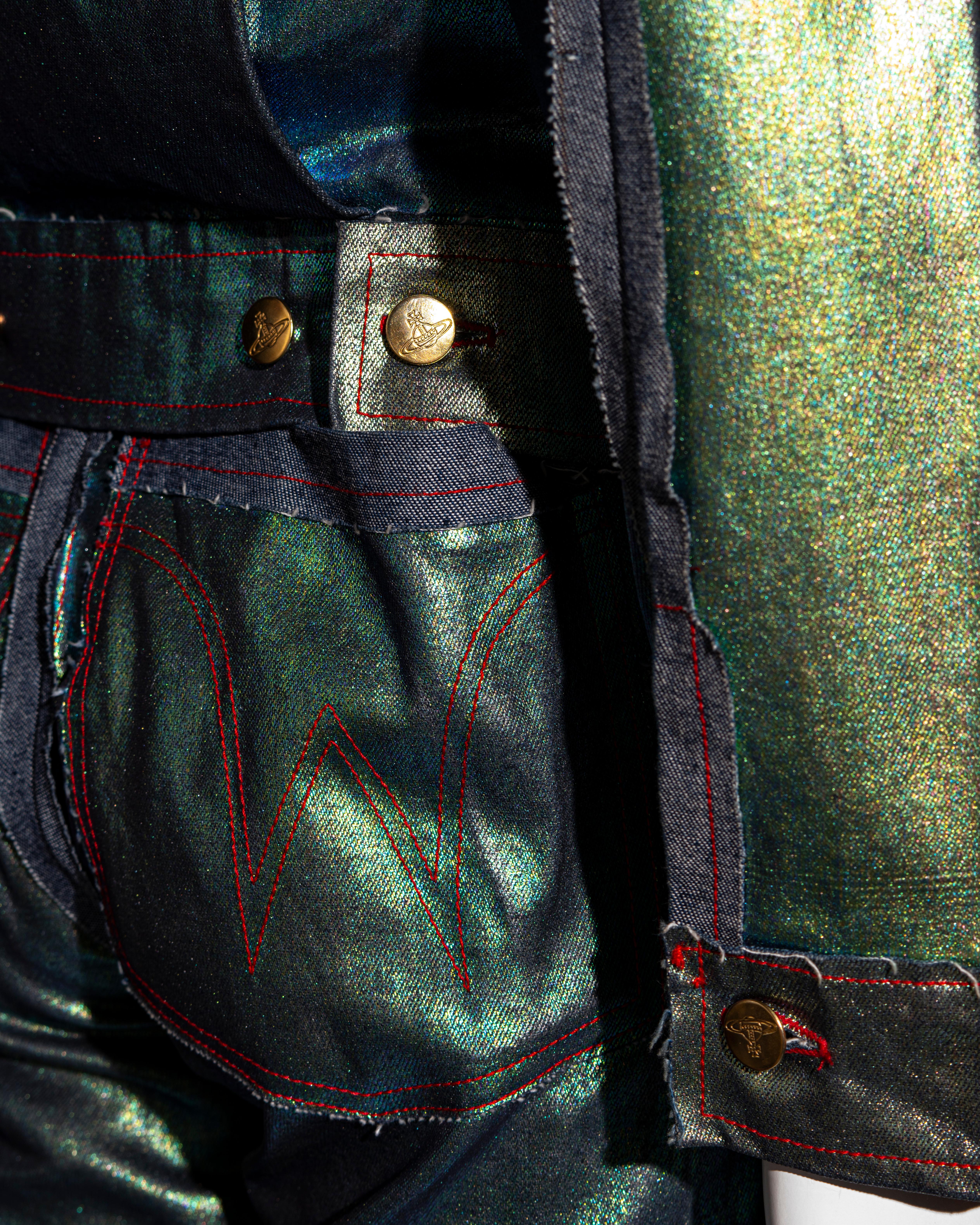 Vivienne Westwood metallic sea green denim jacket and pants set, ss 1993 For Sale 2