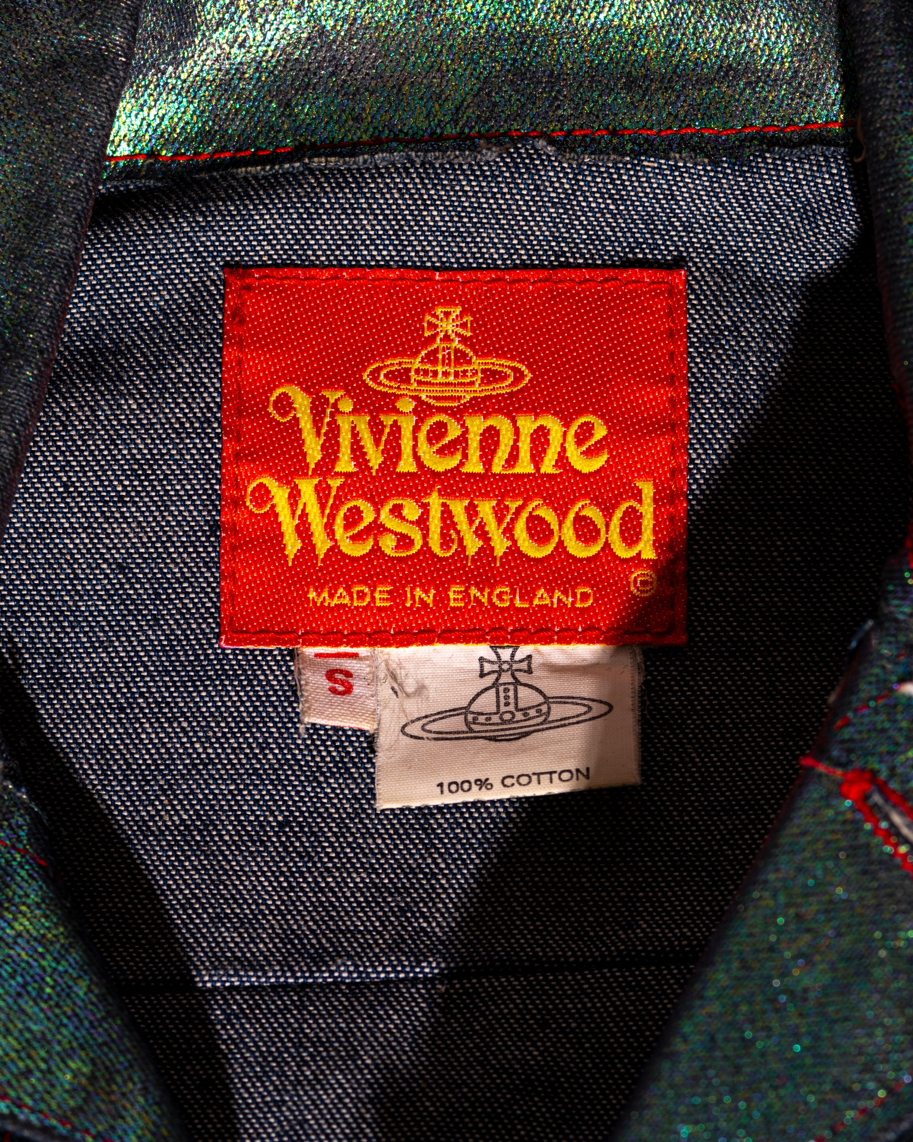 Vivienne Westwood metallic sea green denim jacket and pants set, ss 1993 For Sale 4