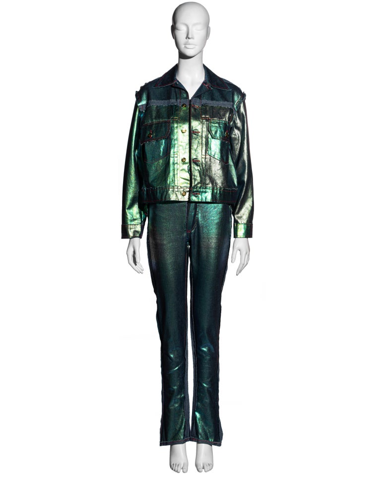 Vivienne Westwood metallic sea green denim jacket and pants set 