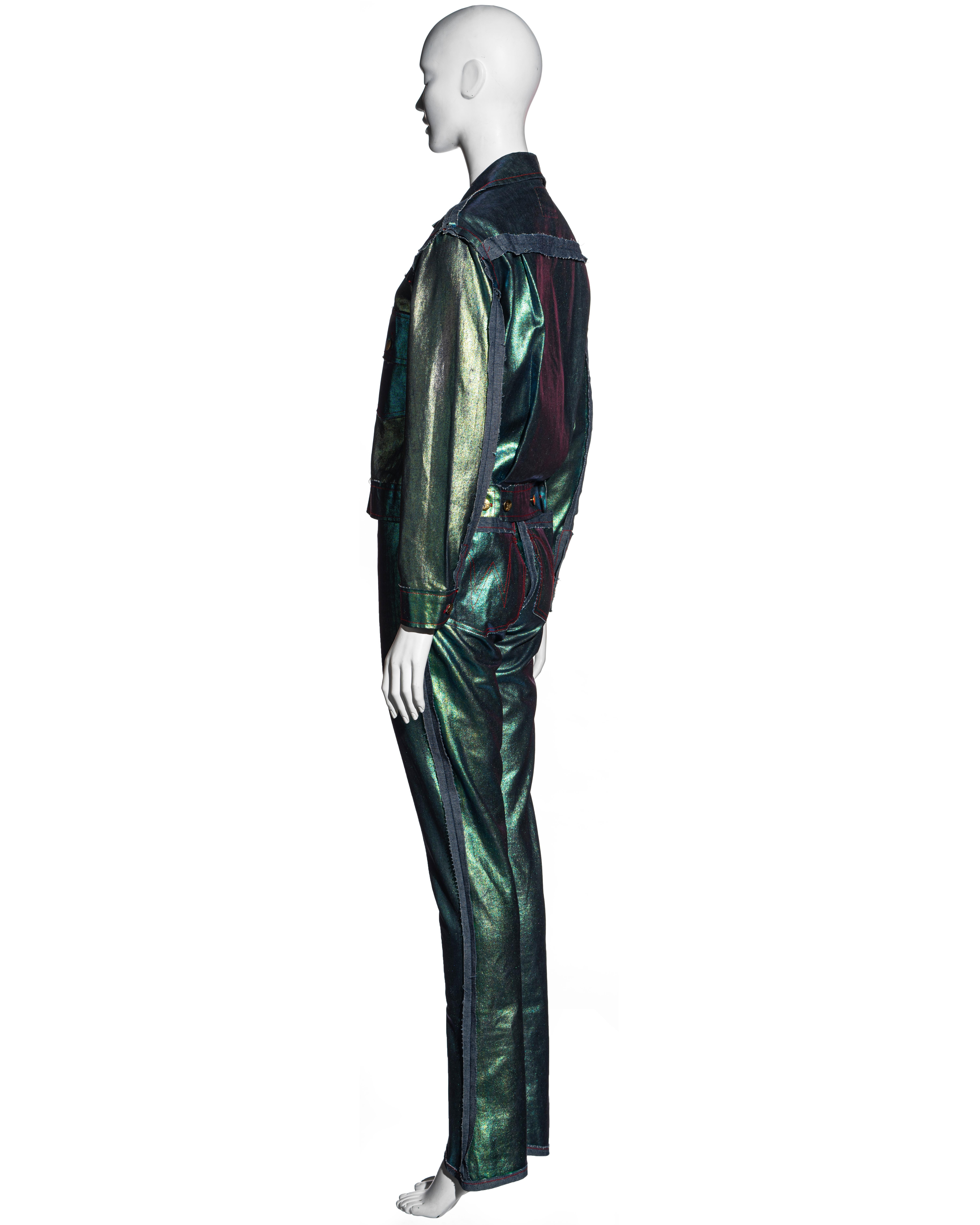 Vivienne Westwood metallic sea green denim jacket and pants set, ss 1993 In Good Condition For Sale In London, GB