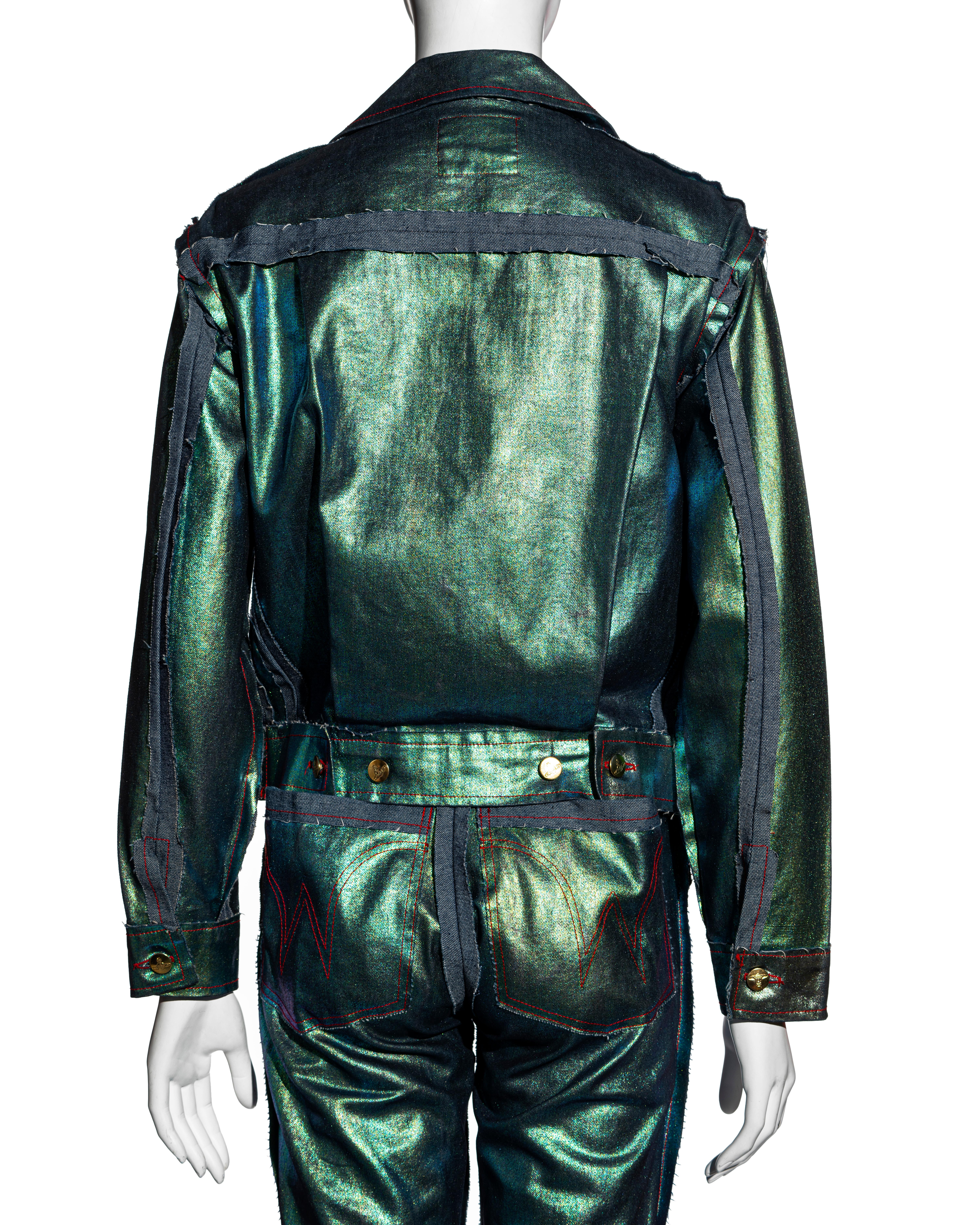Women's Vivienne Westwood metallic sea green denim jacket and pants set, ss 1993 For Sale