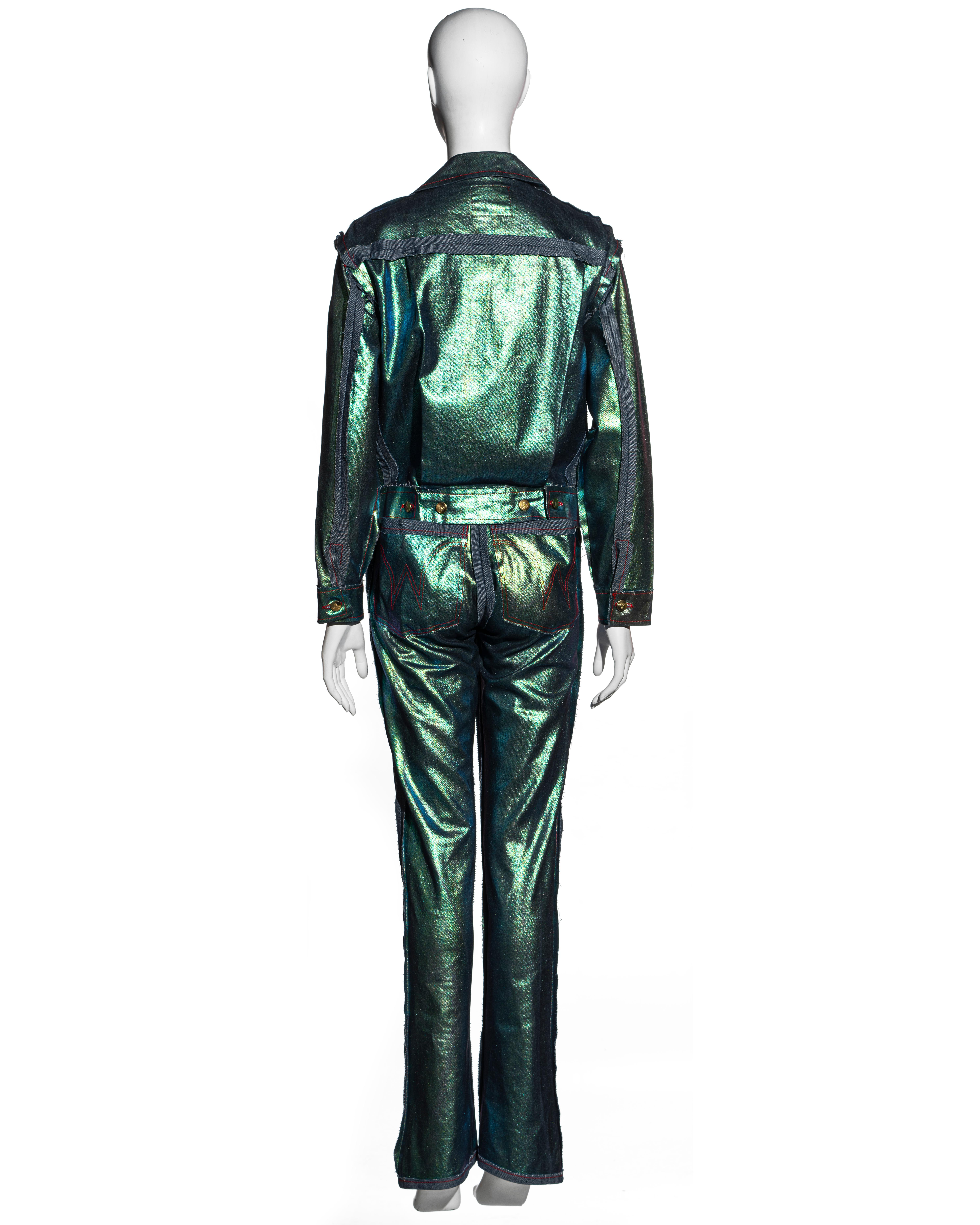 Vivienne Westwood metallic sea green denim jacket and pants set, ss 1993 For Sale 1