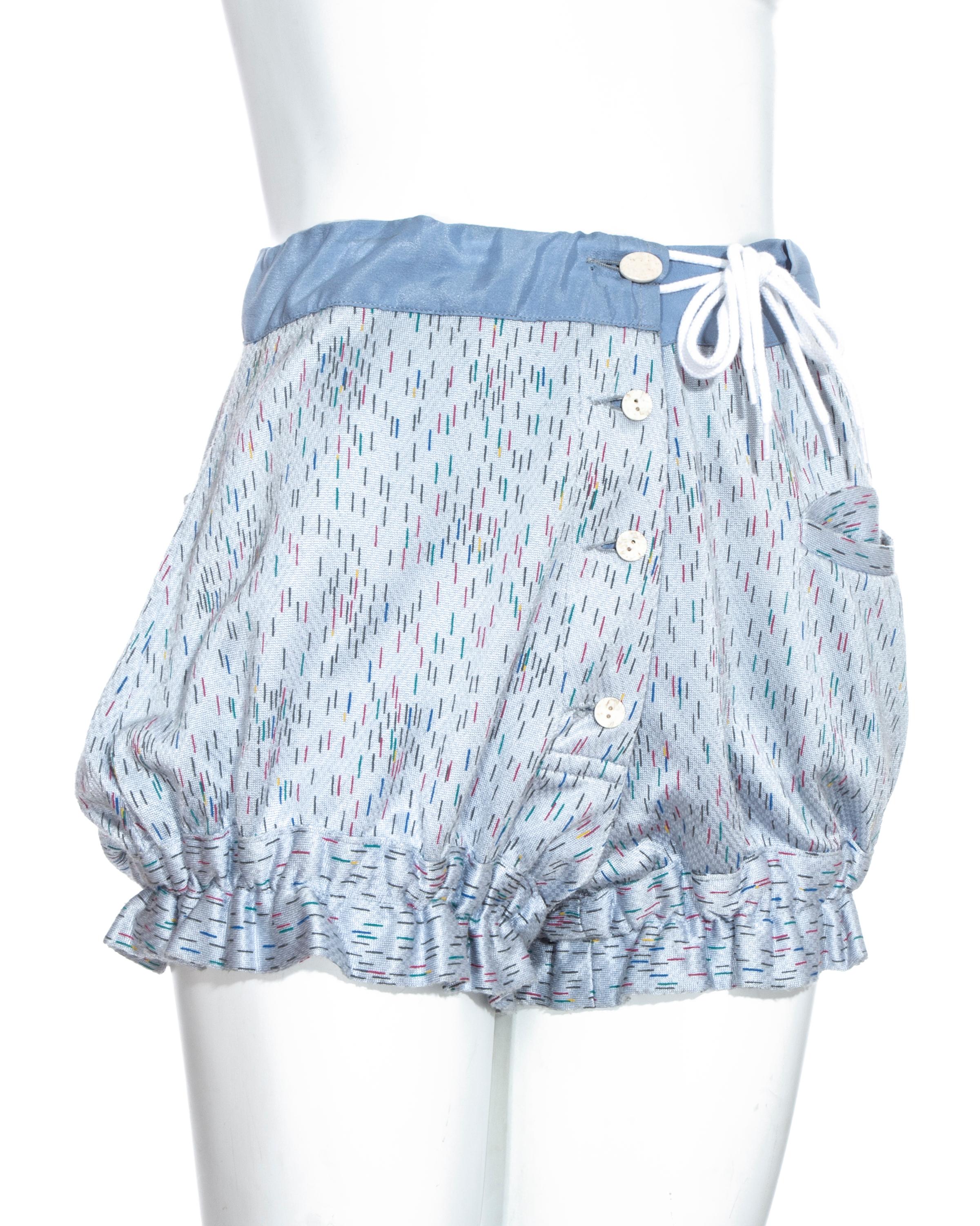 Vivienne Westwood blue printed button-down shorts with ruffled elasticated leg and drawstring waist with small pocket on left side

