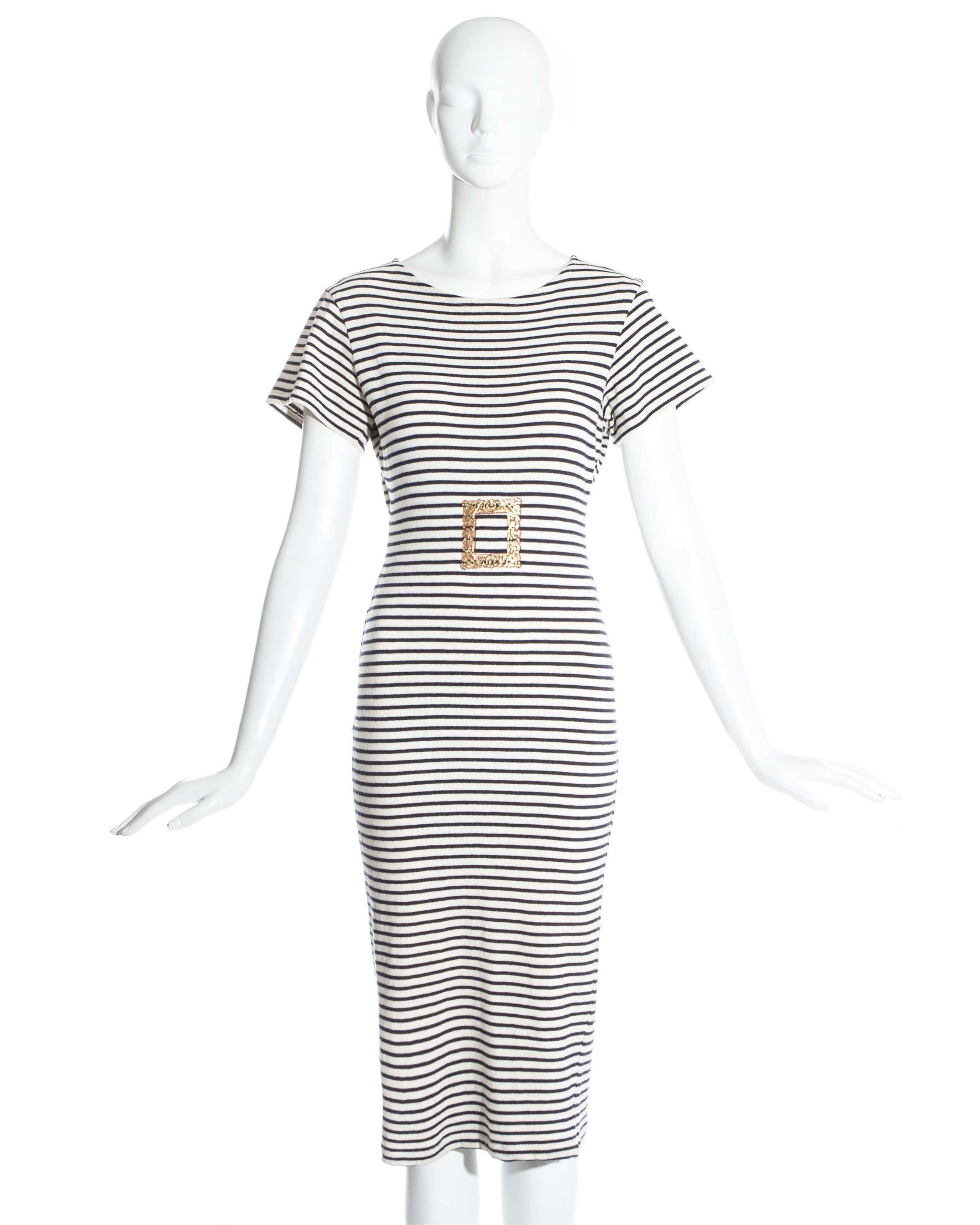 Vivienne Westwood navy blue and white striped cotton jersey dress with printed baroque metallic gold picture frame.  

Civilizade, Spring-Summer 1989
