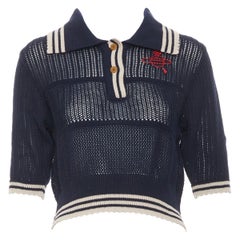 VIVIENNE WESTWOOD navy open stitch cotton linen embroidered orb polo top M