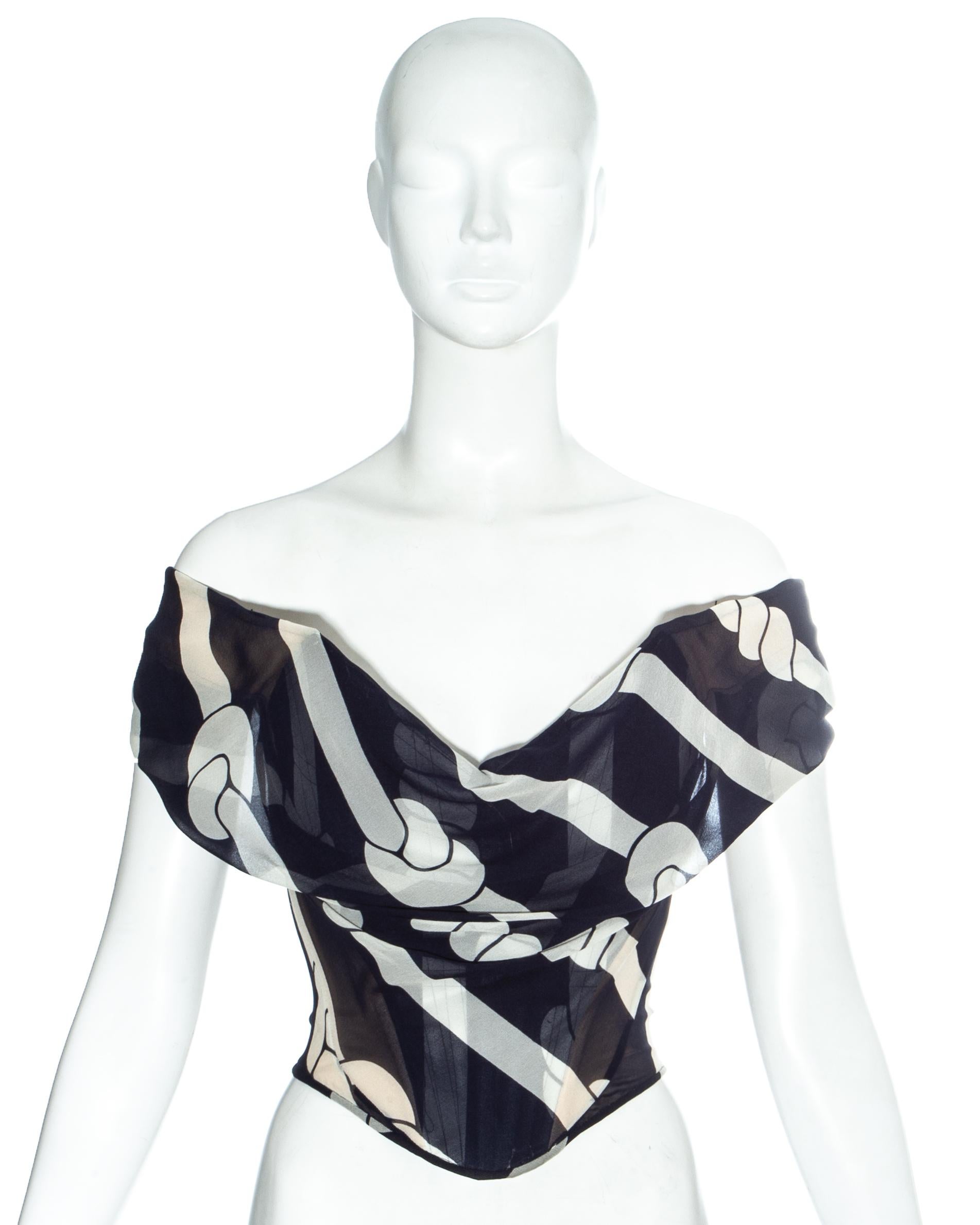 Vivienne Westwood navy and white striped silk chiffon off shoulder corset with internal boning designed to cinch the waist and push the breasts up

Spring-Summer 1998
