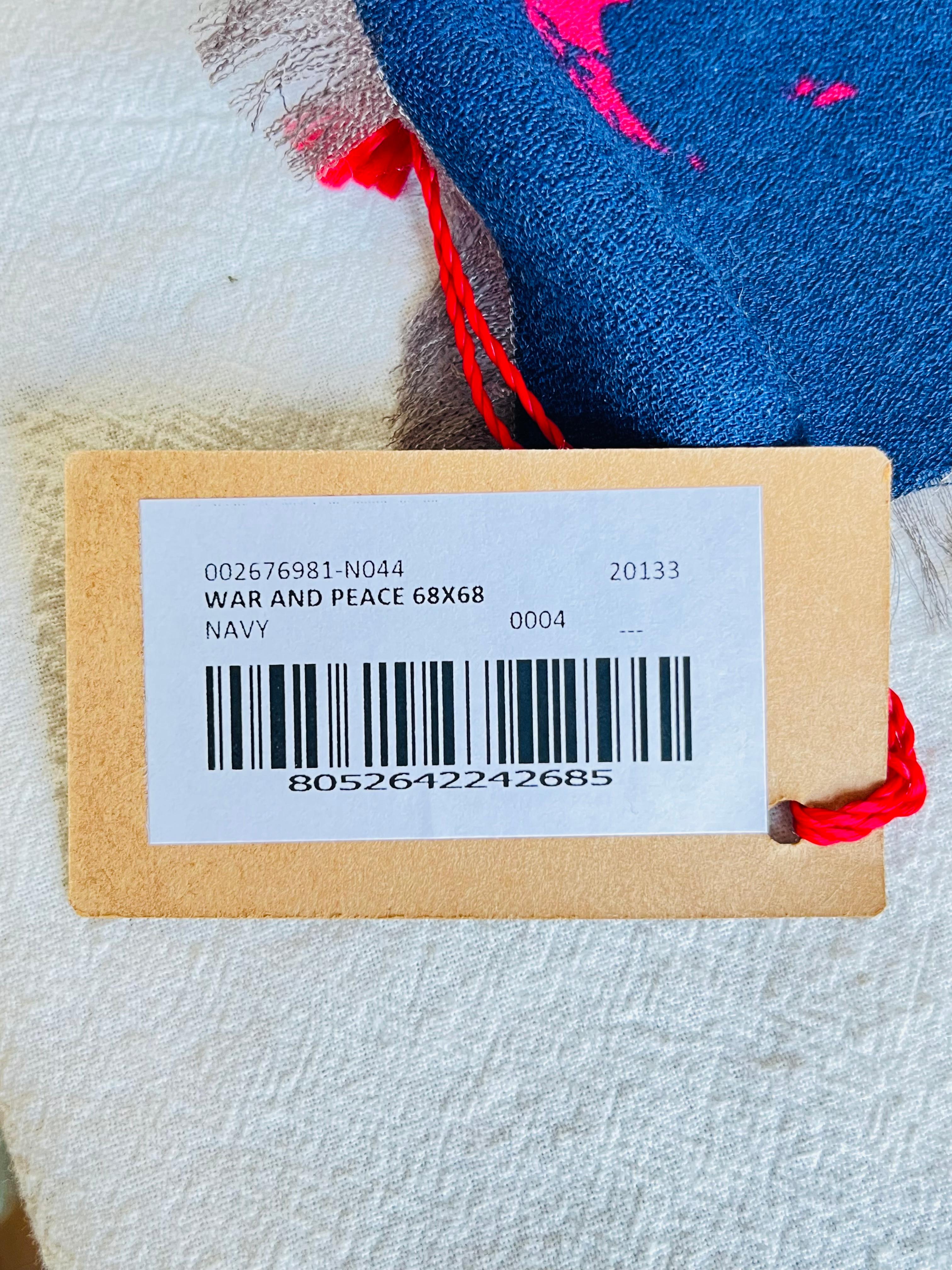 Vivienne Westwood Orb Logo Navy Blue War And Peace Square Fringe Scarf, BNWT 1