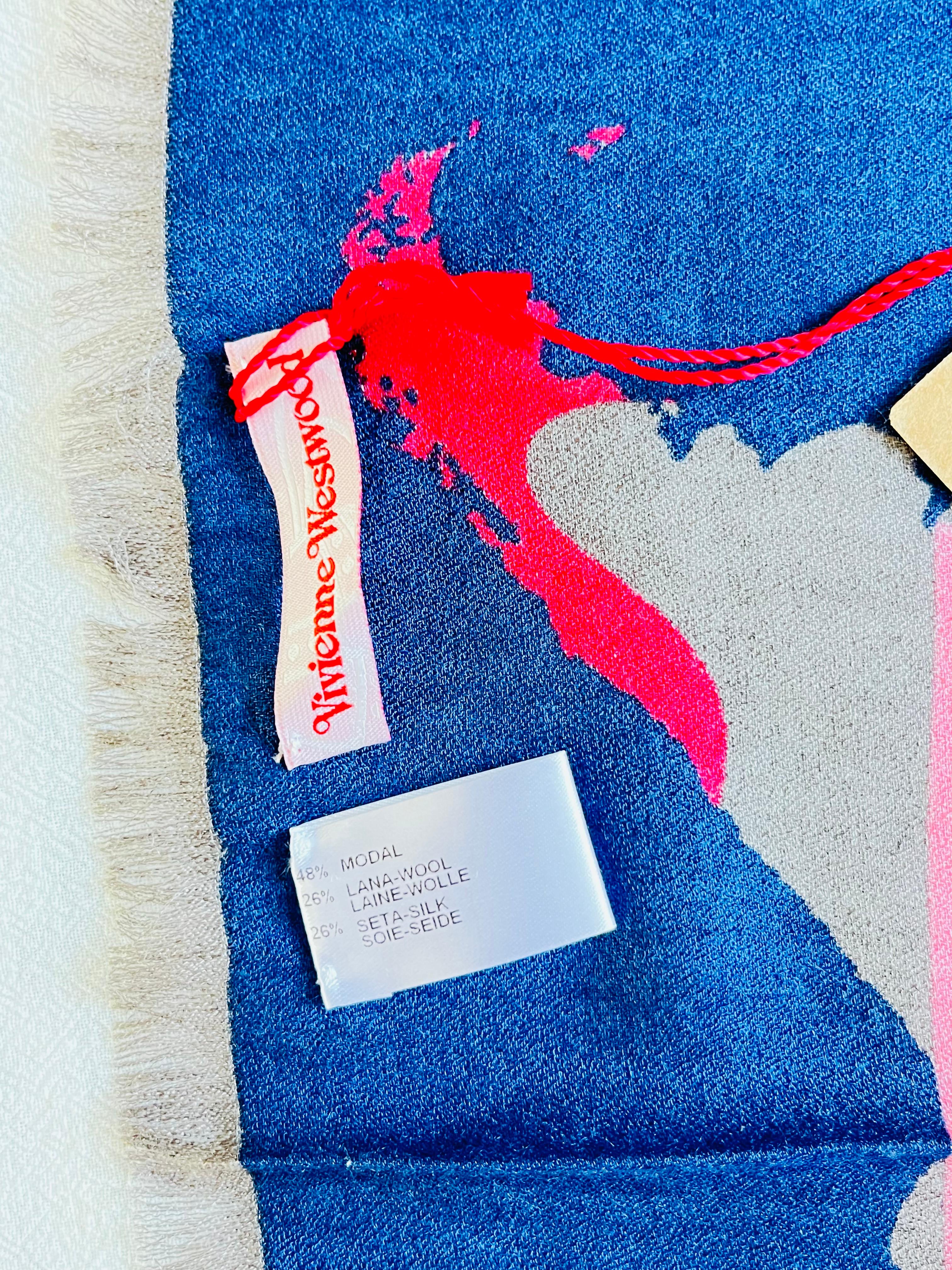 Vivienne Westwood Orb Logo Navy Blue War And Peace Square Fringe Scarf, BNWT 2