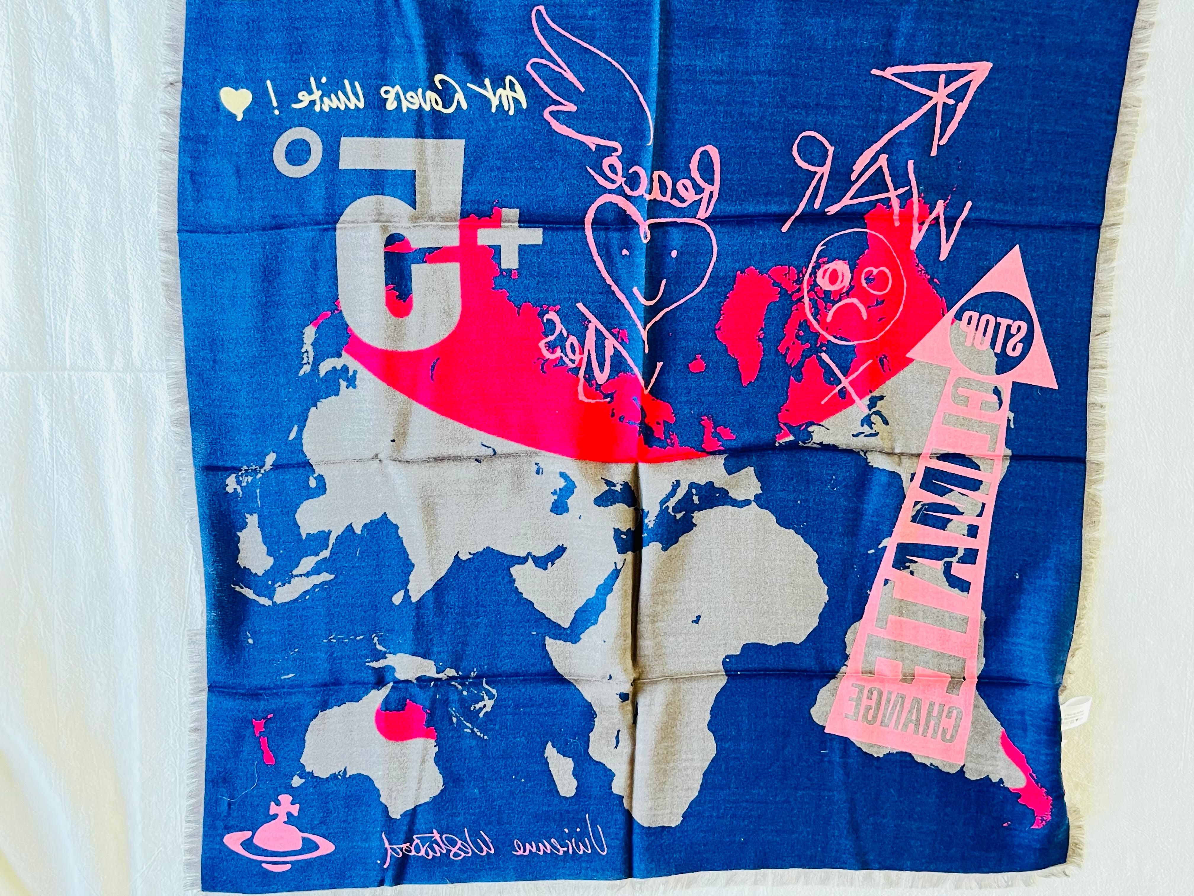 Vivienne Westwood Orb Logo Navy Blue War And Peace Square Fringe Scarf, BNWT 4