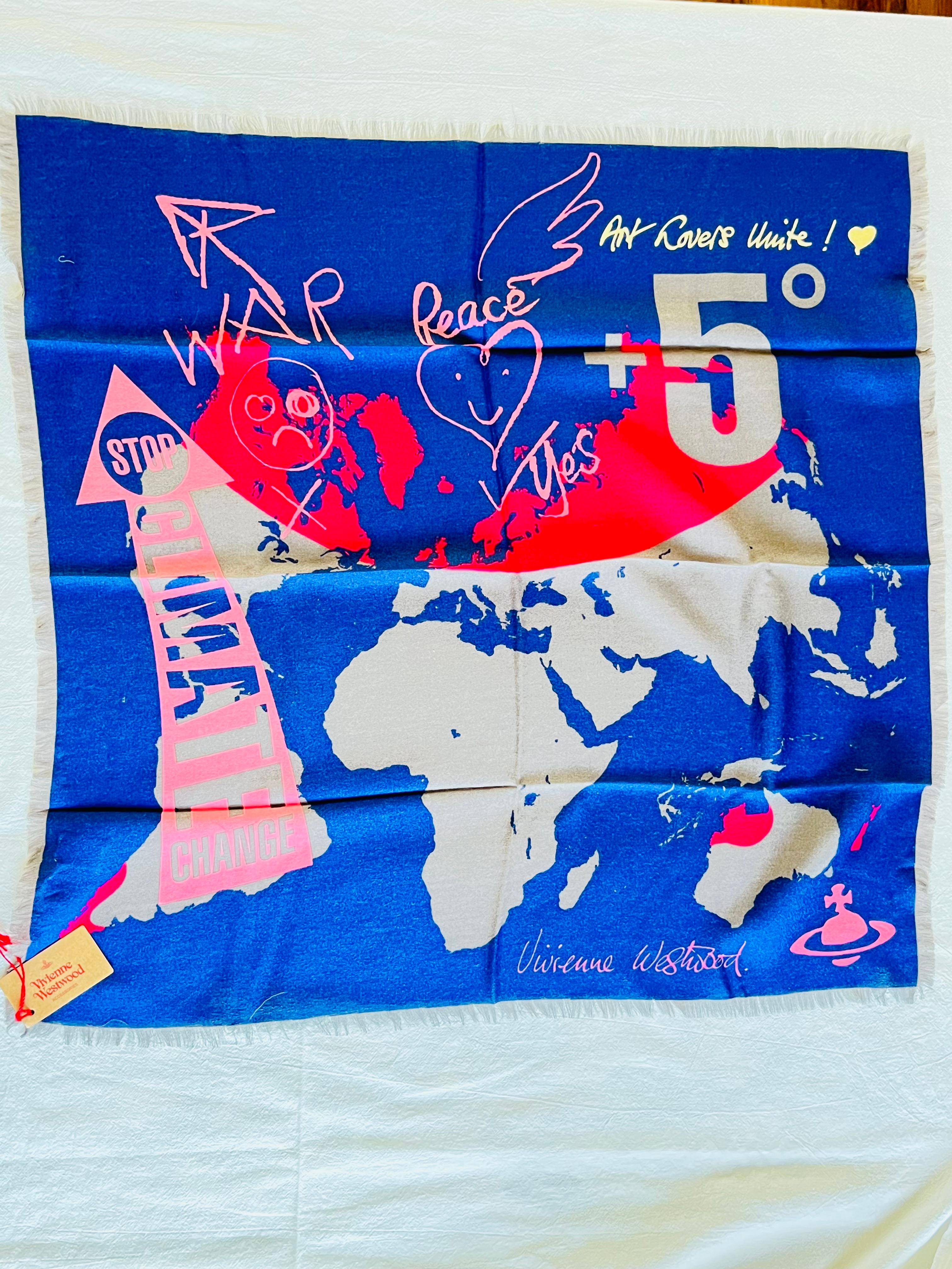 Vivienne Westwood Orb Logo Navy Blue War And Peace Square Fringe Scarf, BNWT 5