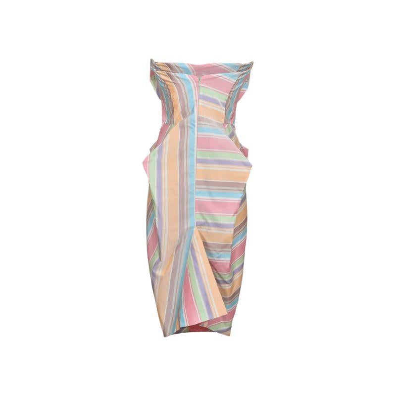 2010 Andreas Kronthaler-era “Worlds End” Vivienne Westwood striped pastel midi silk dress with corseted bodice. Architectural triangle fabric details across hips and bodice for extra layered detail. Only one of each size of this dress was ever
