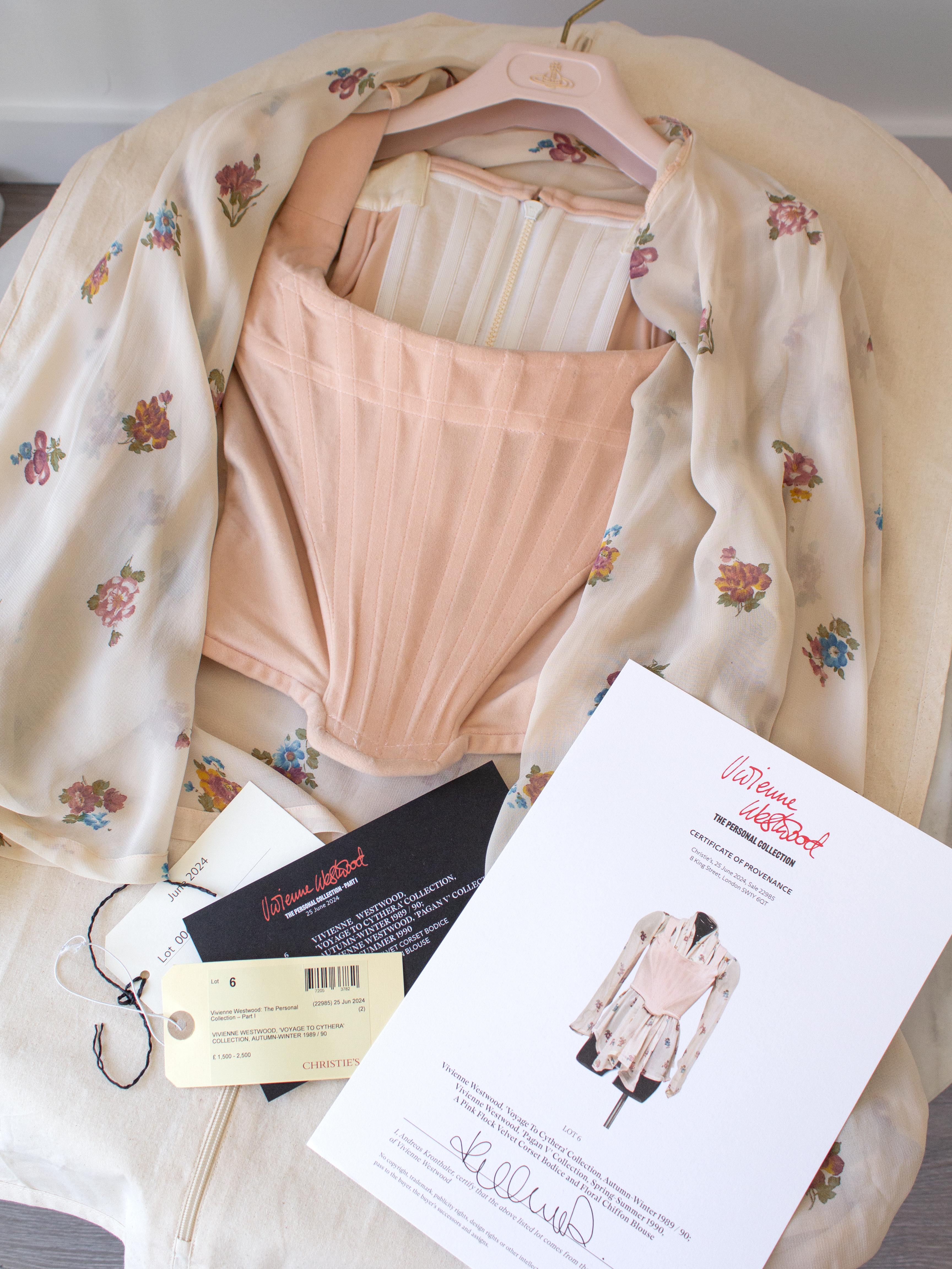 Vivienne Westwood Personally Owned 1989/1990 Pink Velvet Corset Floral Blouse In Good Condition In Jersey City, NJ