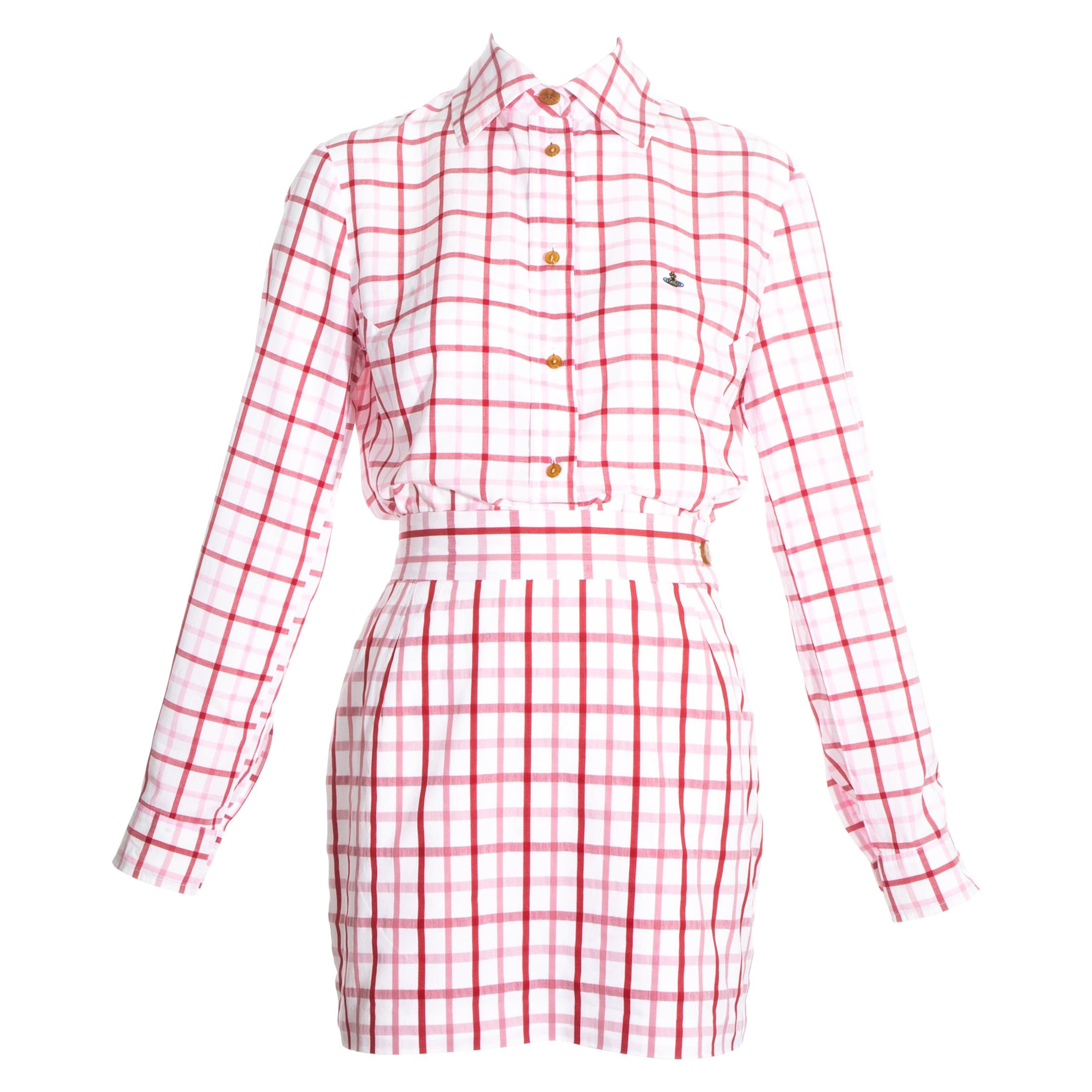 Vivienne Westwood pink and red checked cotton skirt suit, ss 1994 For Sale