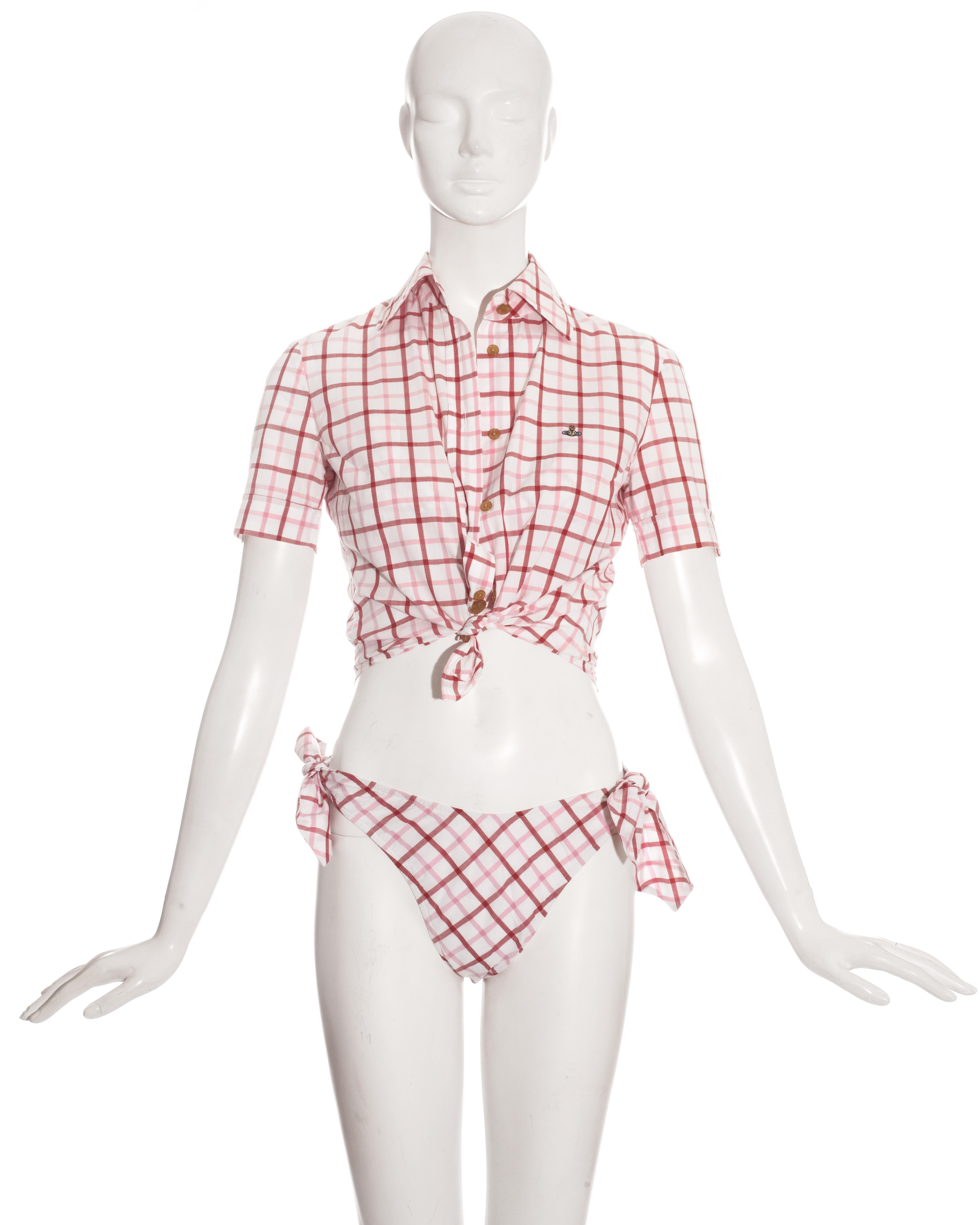 Vivienne Westwood pink and red check cotton three-piece bikini set comprising: bikini with bow fastenings and matching short-sleeve blouse. 

Spring-Summer 1994