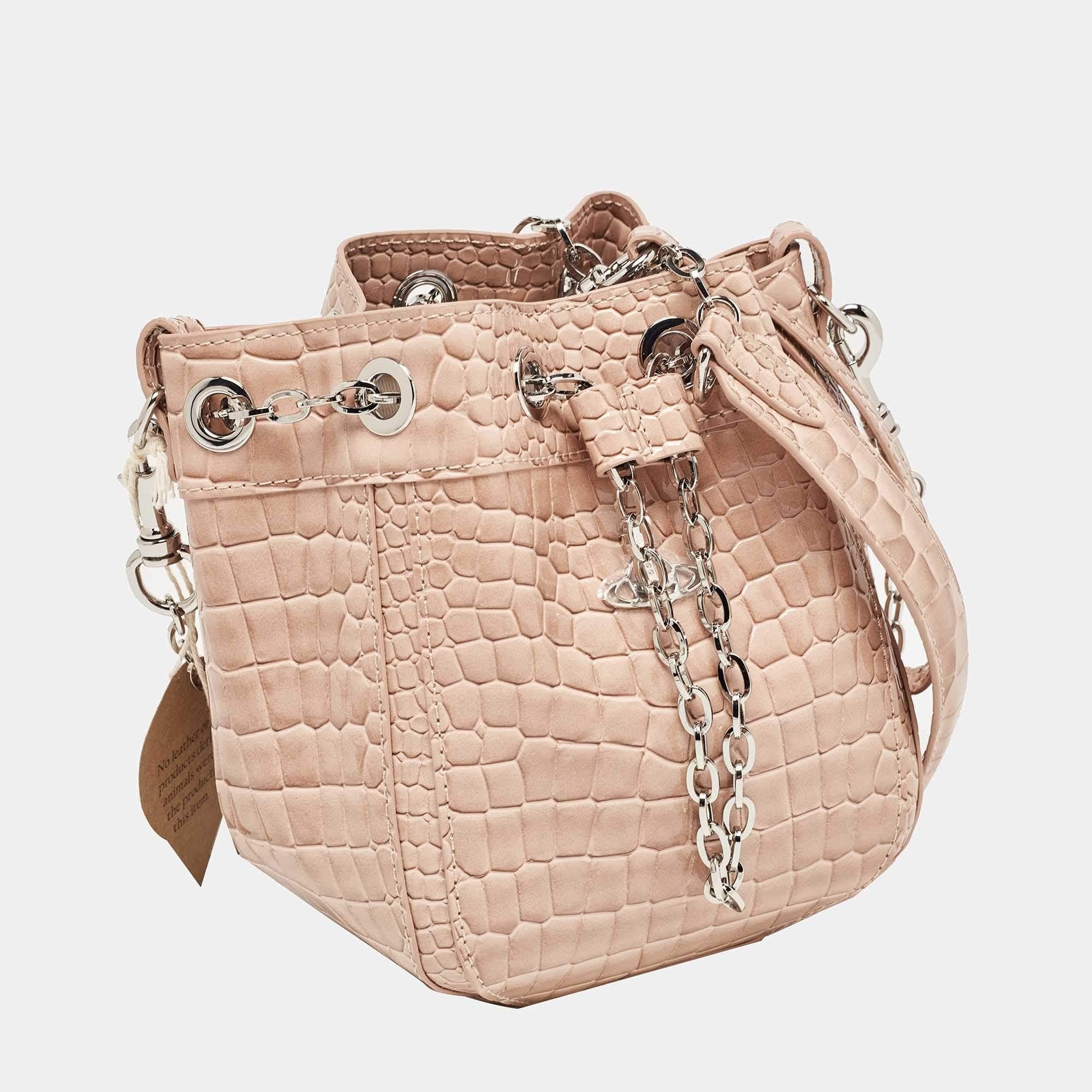 Vivienne Westwood Pink Croc Embossed Leather Chrissy Bucket Bag 2