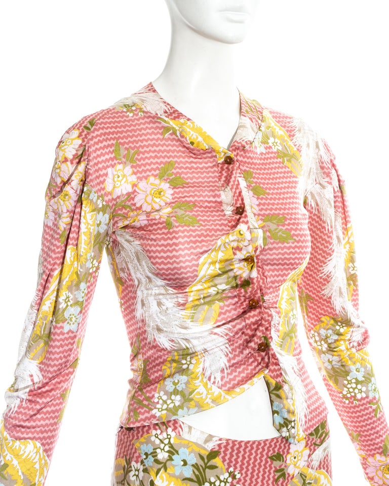 Beige Vivienne Westwood pink floral printed maxi skirt and blouse ensemble, ss 2001 For Sale