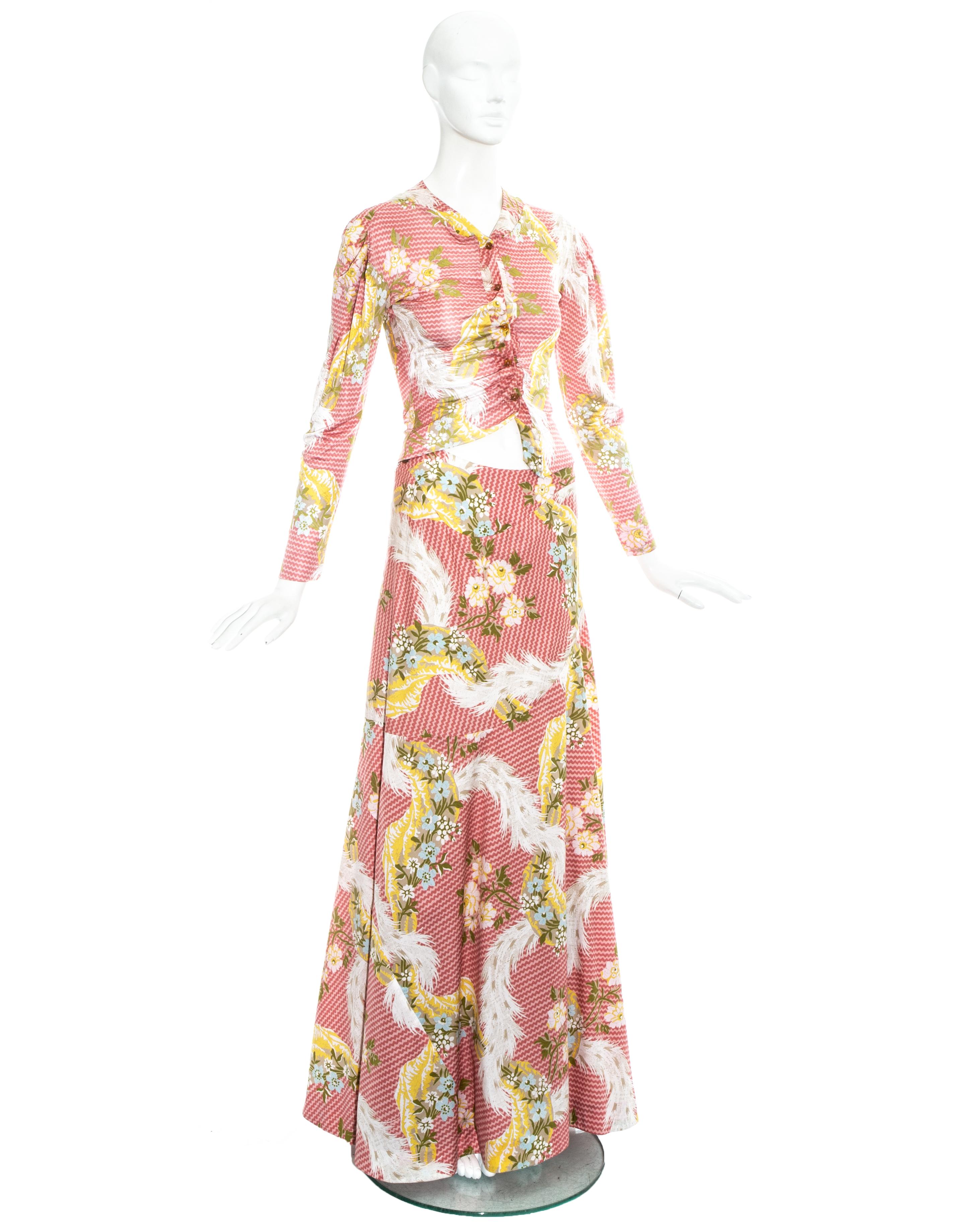 Beige Vivienne Westwood pink floral printed maxi skirt and blouse ensemble, ss 2001
